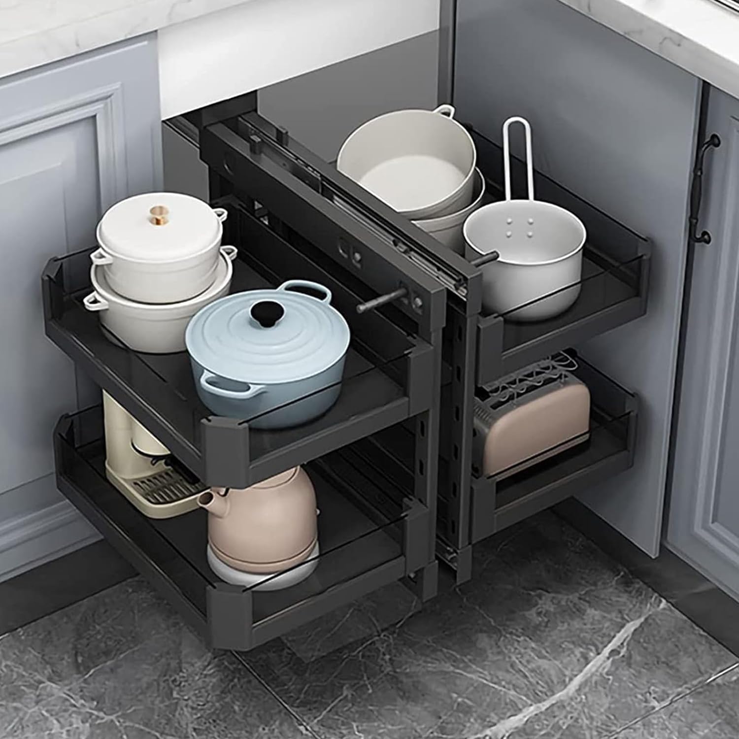 Organizer ad angolo cieco estraibile, organizer per armadio da cucina, mensola angolare girevole in alluminio, 4 cestelli in alluminio, ottimizzatore per angoli completamente estraibili.