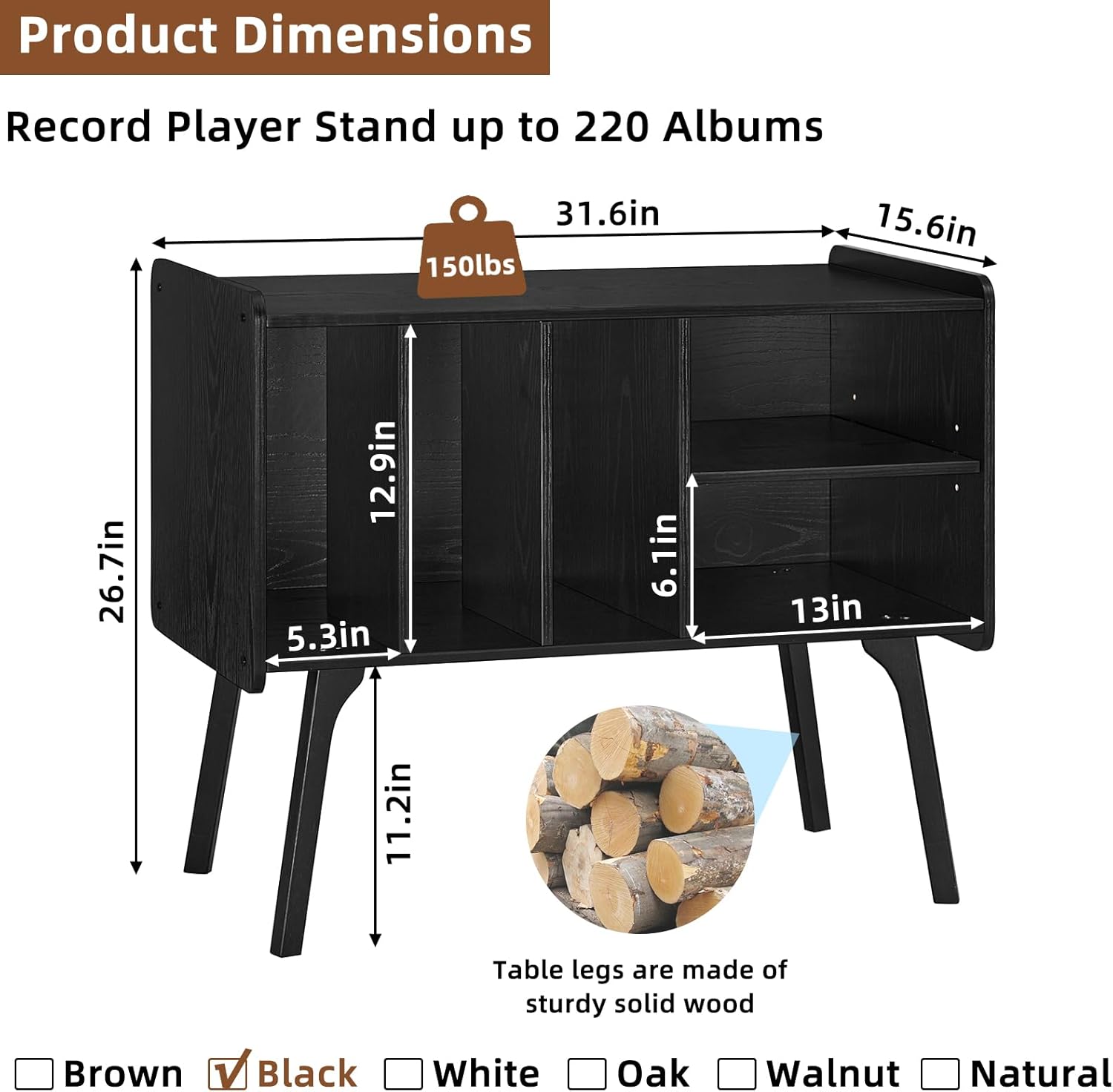 Lerliuo Record Player Stand with 4 Cabinet Holds Up to 220 Albums, Large Turntable Stand with Beech Wood Legs, Mid-Century Record Player Table,Black Vinyl Holder Storage Shelf for Bedroom Living Room