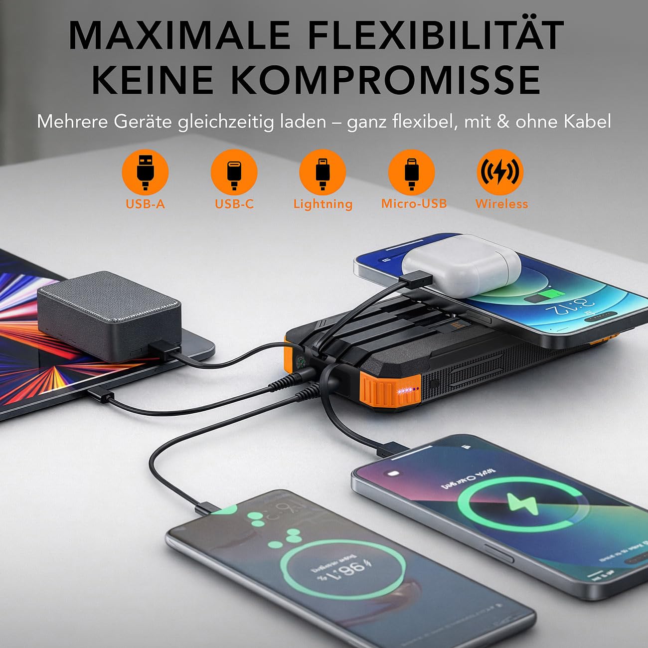 revolt Dynamo-Powerbank: Kurbel-Solar-Powerbank, 20.000 mAh, USB-C PD 20 W, Qi-kompatibel, LED (Kurbel-Dynamo & Solar, mit Lithium Polymer Akku, Steckdose)
