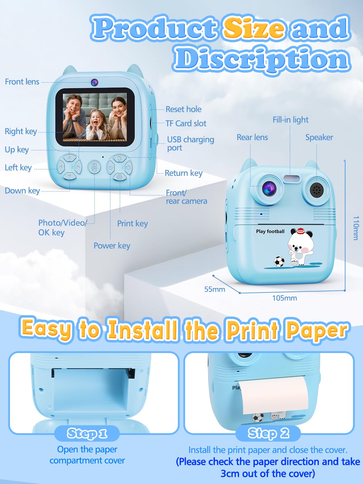 Macchina Fotografica Bambini Istantanea, 48MP e 1080FHD Dual-Camera Obiettivo Fotocamera Digitale con 4 Rulli di Carta da Stampa 2,4 Pollici IPS Schermo di Protezione Oculare 32GB Scheda (Blu)
