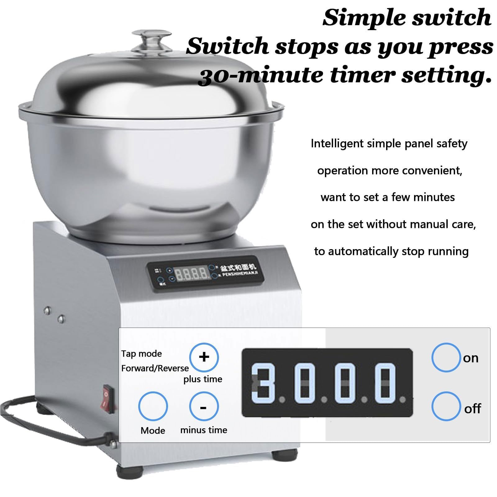 Kommerzieller Teigmischer, Teigmischmaschine mit Edelstahlschüssel | Pizzateig-Mehlmixer, Digitalanzeige, 30-Minuten-Zeit, Vor- und Rückwärtsfunktion, for Bäckereien, Restaurants(8 kg)