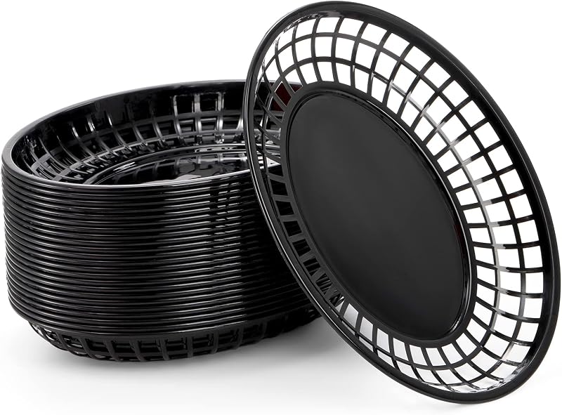Kingrol Large Fast Food Baskets, 11.8 x 8.75 Inch, Set of 24, Black - Oval Plastic Food Serving Baskets for Restaurant, Home Kitchen, Office, Party, Picnic