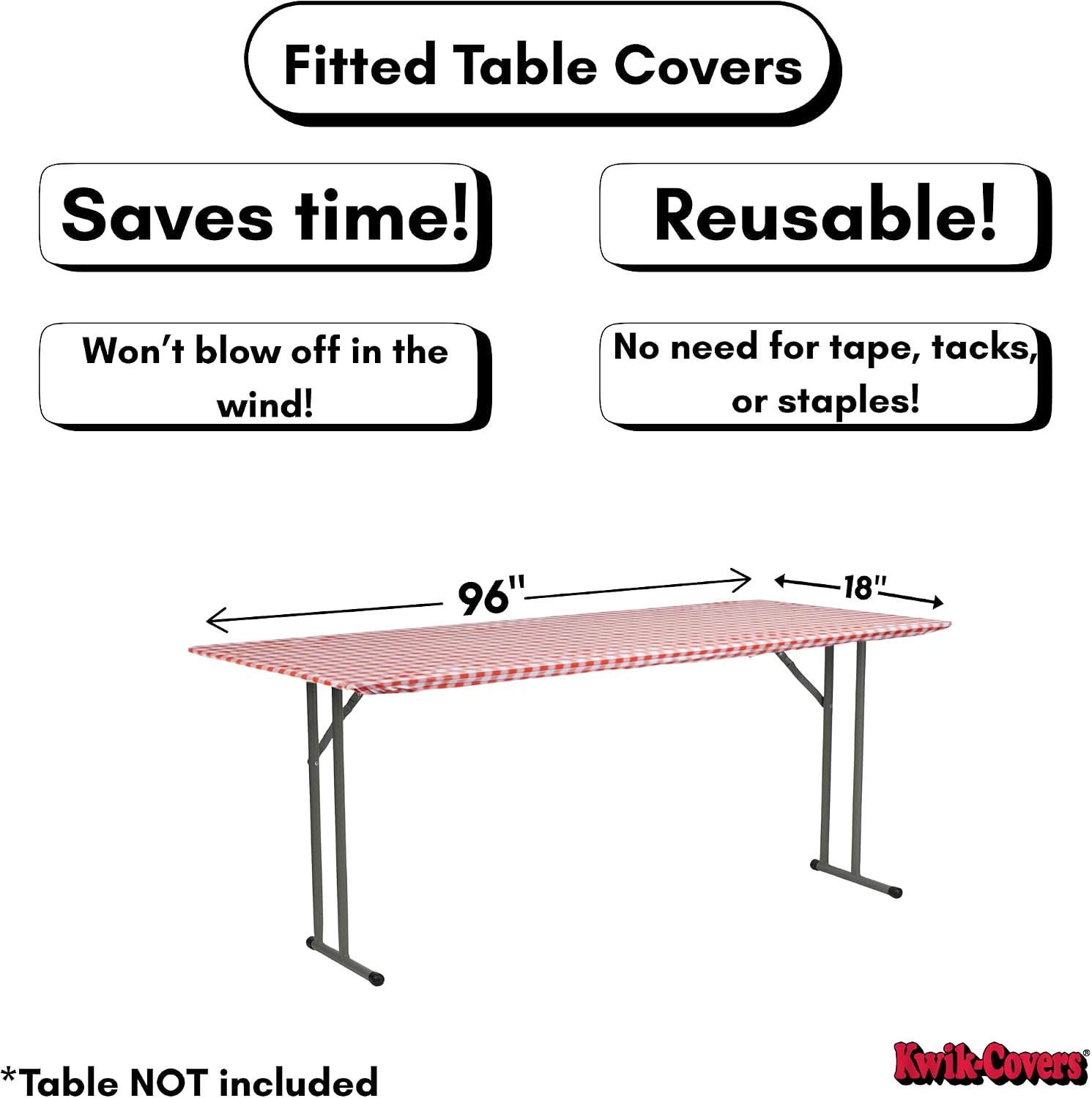 Kwik-Covers 8' x 18" Narrow/SKINNNY Rectangle Fitted Plastic Table Covers 18" x 96", Bundle of 5 (Red Gingham)