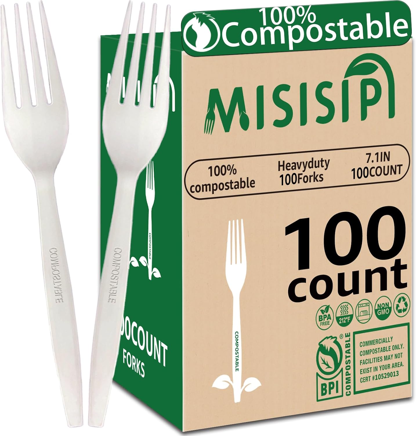MISISIPI 100Count 100% Compostable Forks Biodegradable Forks HeavyDuty No Plastic Forks Eco-friendly HeavyWeight Disposable Forks Tableware Set for Lounge,Party,BBQ,Cafeteria,Wedding,Picnic