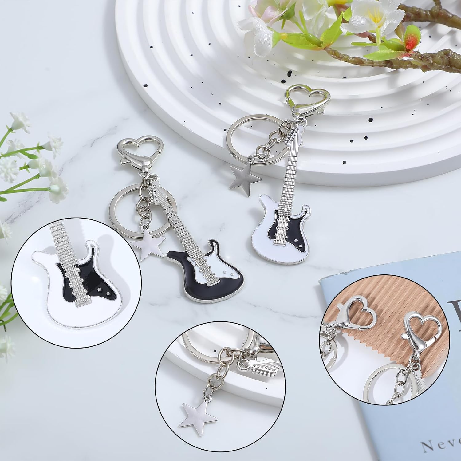 Mabor 2Pcs Aesthetic Punk Music Guitar Keychain, Cute Star Key Chain Key Rings For Women Music Lovers, Kawaii