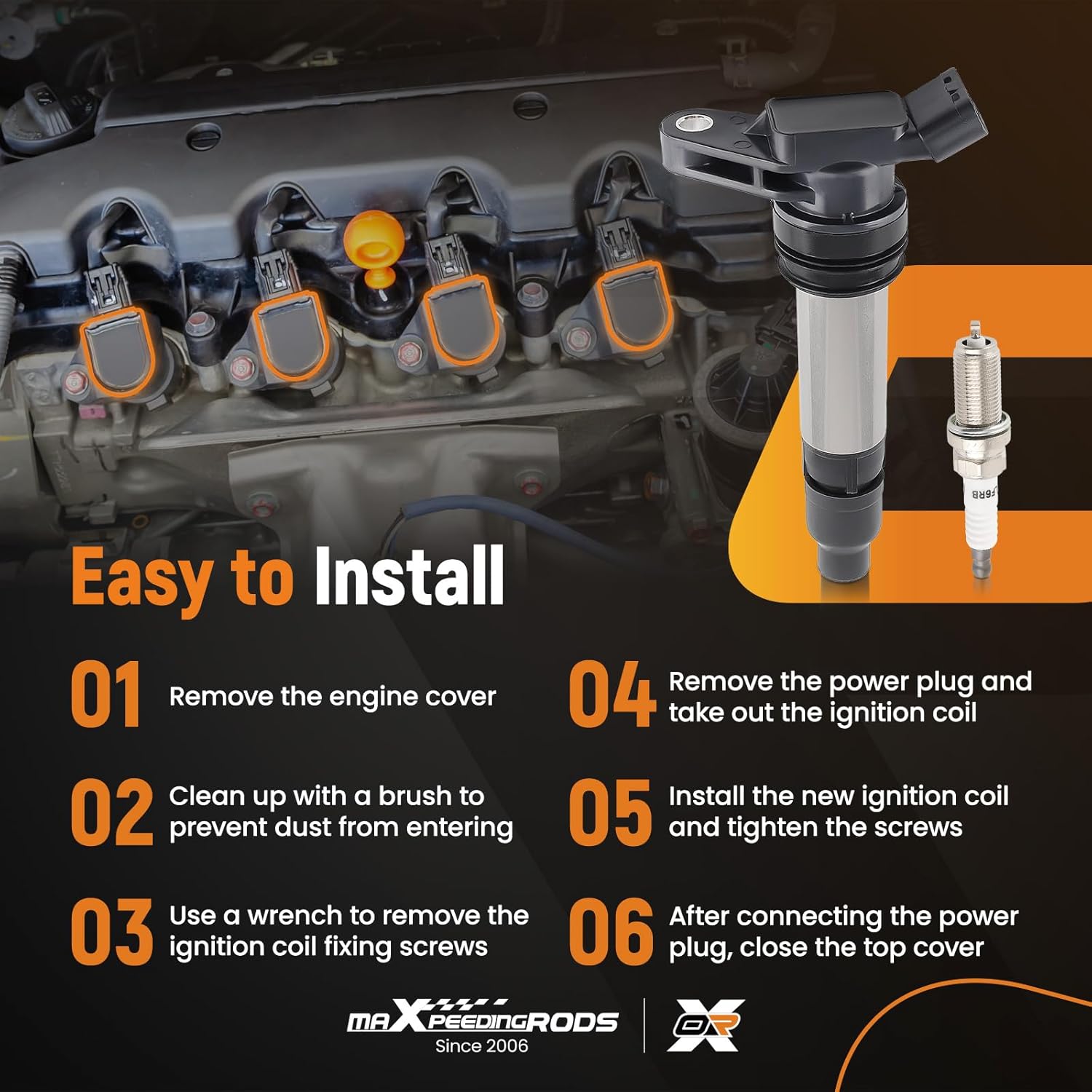 maXpeedingrods UF594 Ignition Coil 6481 Spark Plug for Volvo XC90 S80 3.2L 2007-2011, for Land Rover LR2 3.2 2008-2012, L6 3.0L 3.2L Engine Coils Pack and Iridium Spark Plugs (Set of 6)