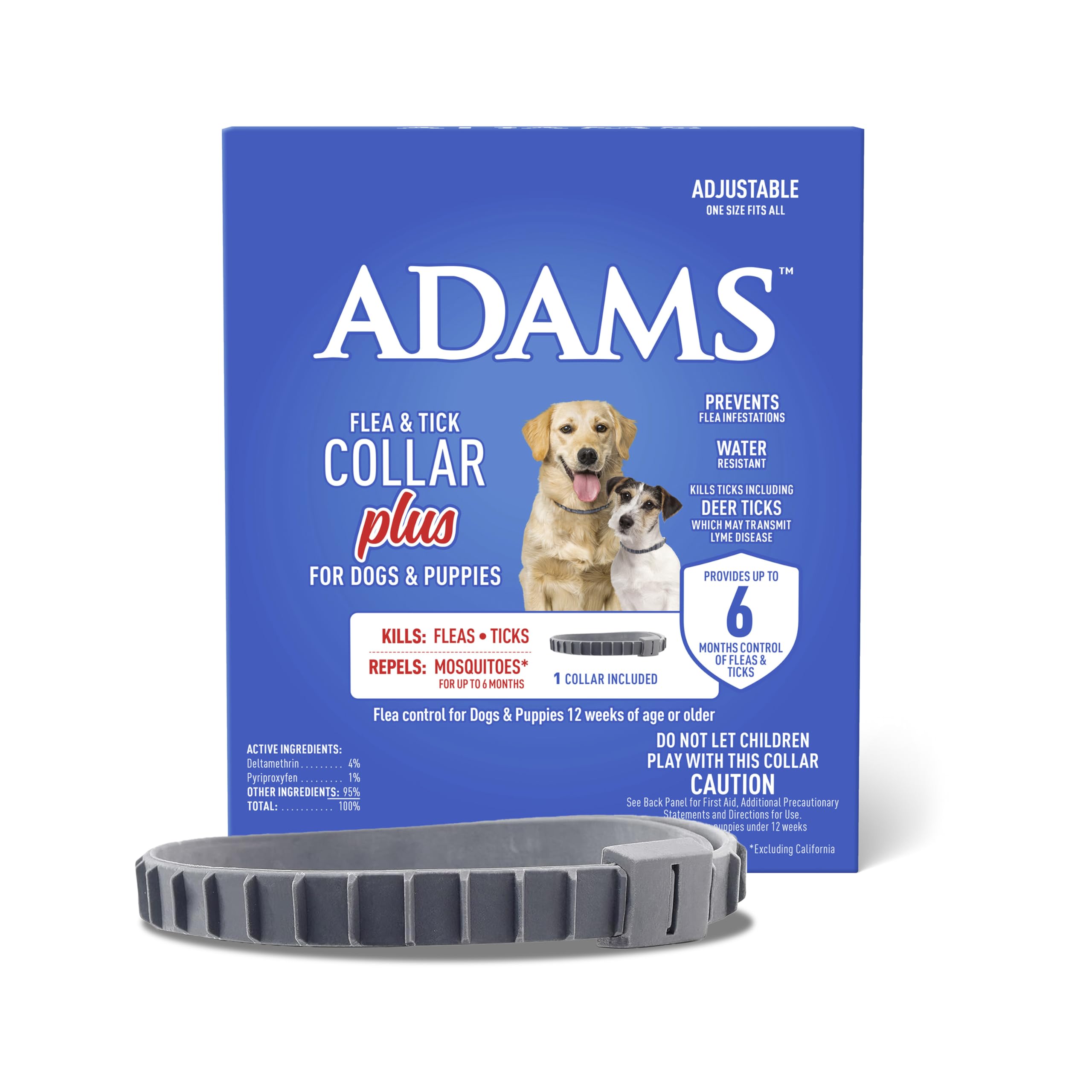 AdamsFlea & Tick Collar Plus for Dogs & Puppies, 6-Month Protection, One Size Fits All Dogs & Puppies, Kills Fleas & Ticks, Repels Mosquitoes For Up To 6 Months (Excluding California)