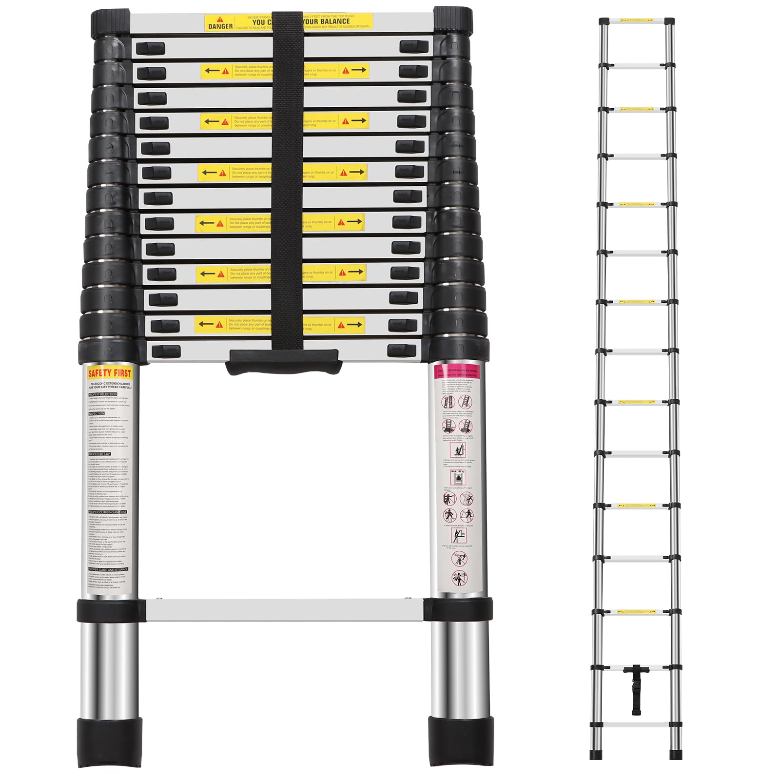 Panana Telescopic Ladder, 4.4m/ 14.4ft Stainless Steel Extension Ladder, Collapsible Portable Loft Ladder with Non-Slip Feet, Adjustable Height Step Ladder for Home Outdoor Use