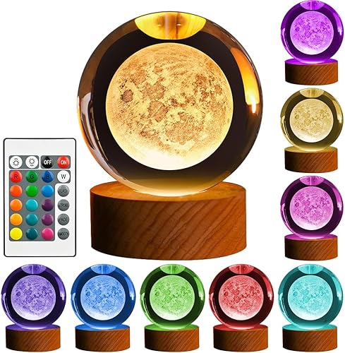 Miniatura 4 de Luz nocturna de bola de cristal 3D, 3.15 pulgadas, 16 colores que cambian con control remoto y base de madera, adornos de bolas de cristal de la