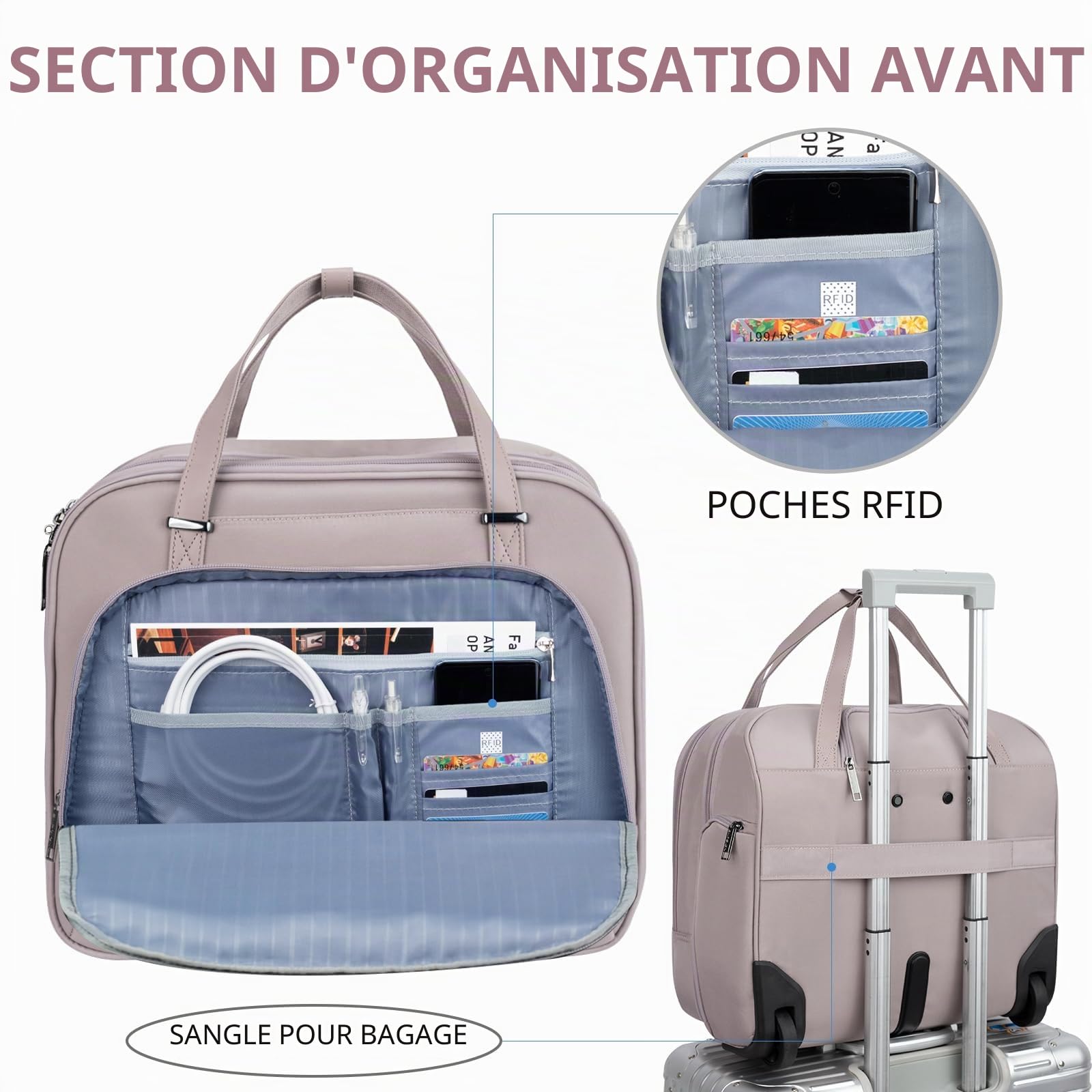 EMPSIGN Sacoche à roulettes pour Ordinateur Portable 15,6 Pouces Imperméable Trolley avec Poches RFID, Rose