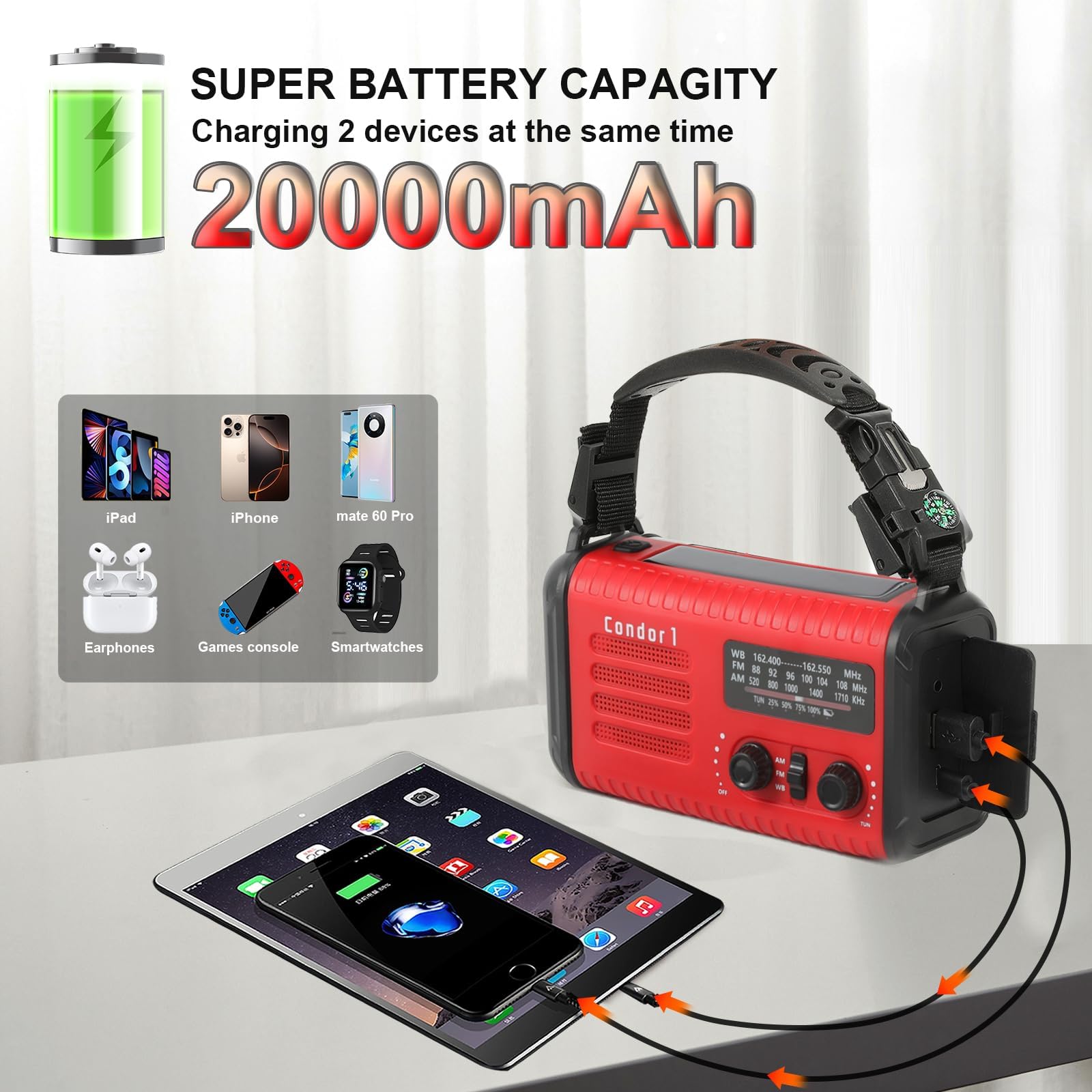 Radio d'urgence 20000mAh, Solaire/Manivelle AM/FM/NOAA, Chargeur Tél., SOS | 74000mWh Autonomie dynamo & solaire: lampe torche, lampe lecture, sirène, charge USB, prise casque. Pour camping, urgences.