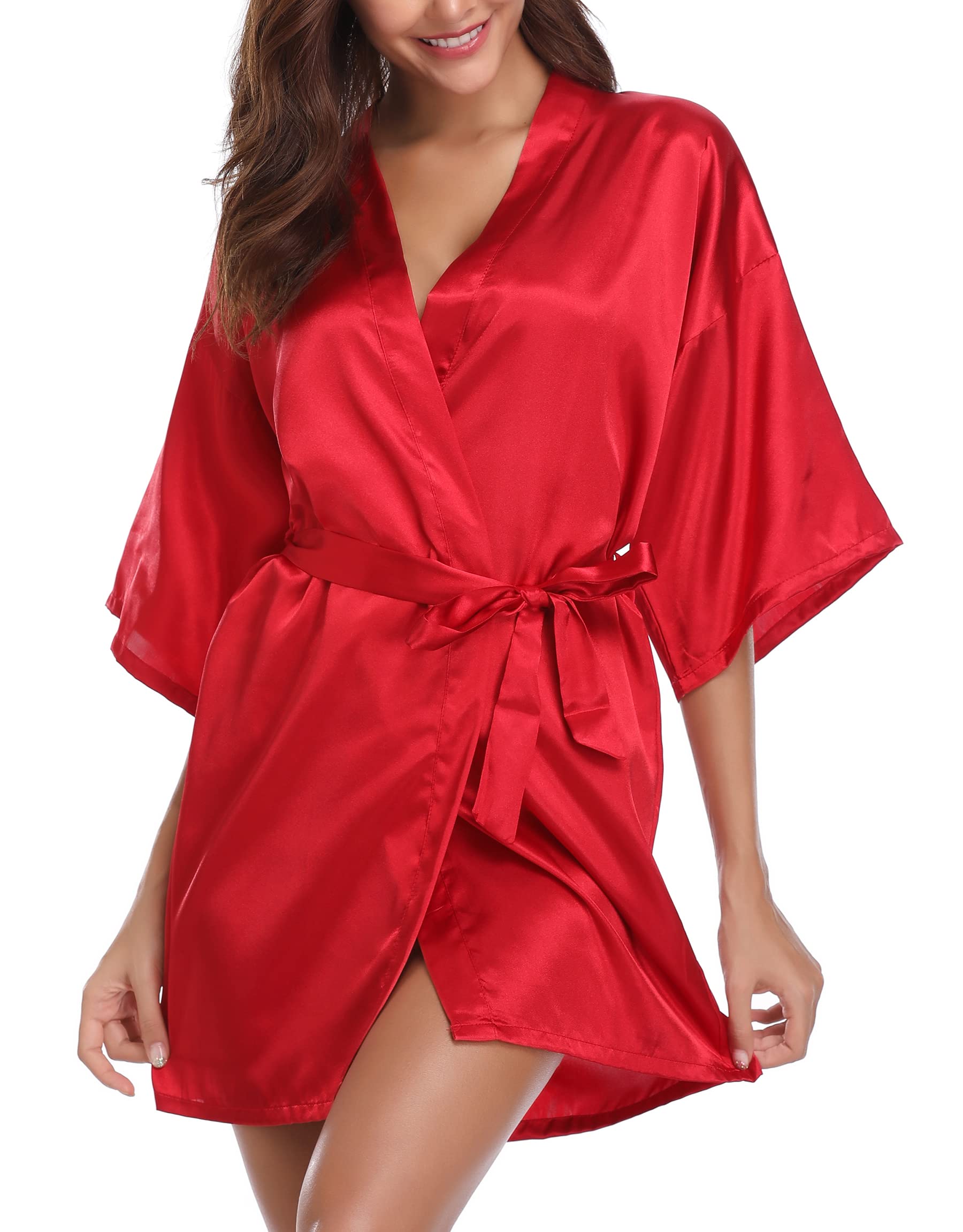VlazomWomens Kimono Robes Dressing Gown Satin Bathrobe Nightdress Short Style Bridal Robe with Oblique V-Neck