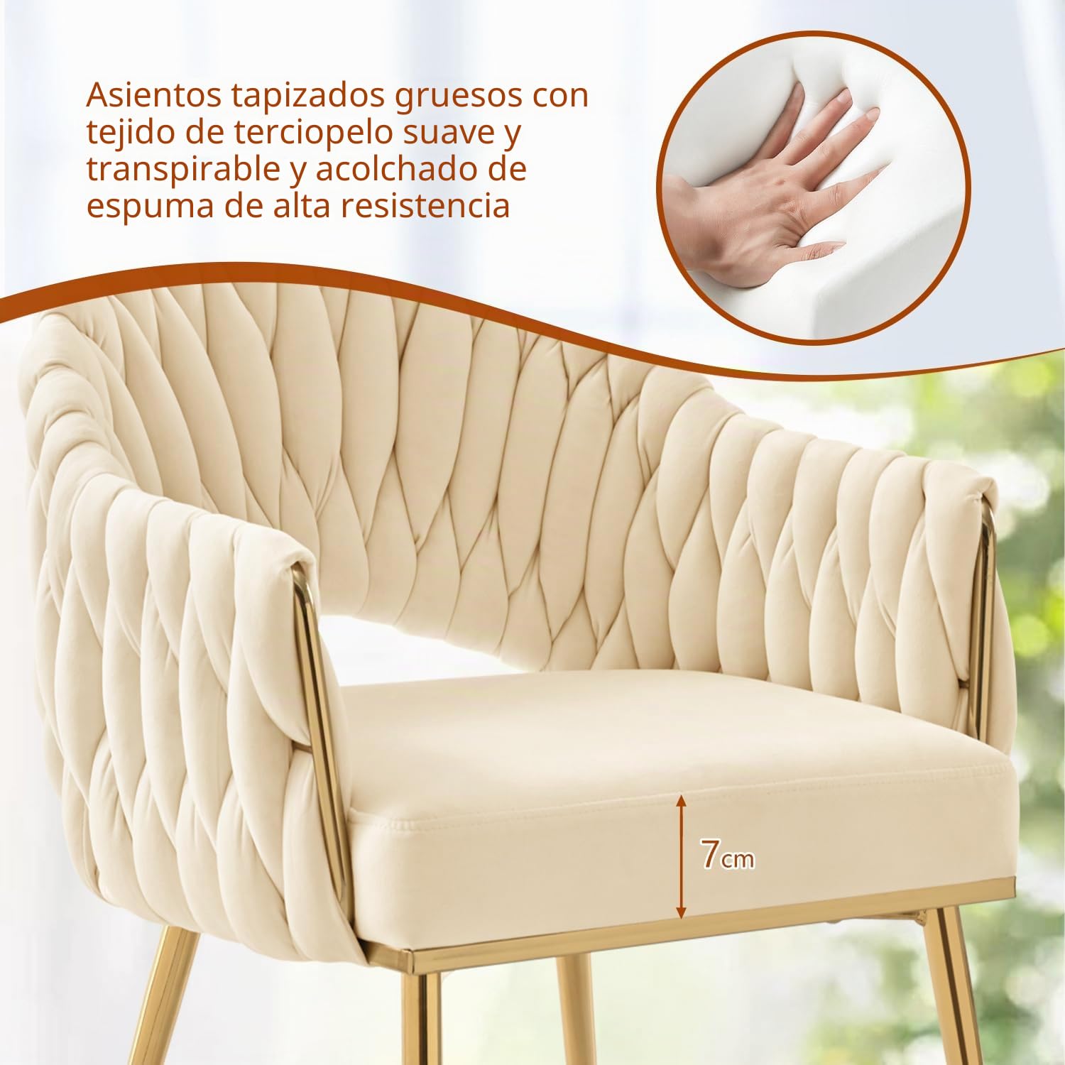 Juego de 2 sillas de Comedor de Terciopelo, sillones de salón, sillas de Comedor con reposabrazos, sillas de Cocina con Respaldo Alto Trenzado a Mano, Silla de tocador con Patas Doradas,Blanco
