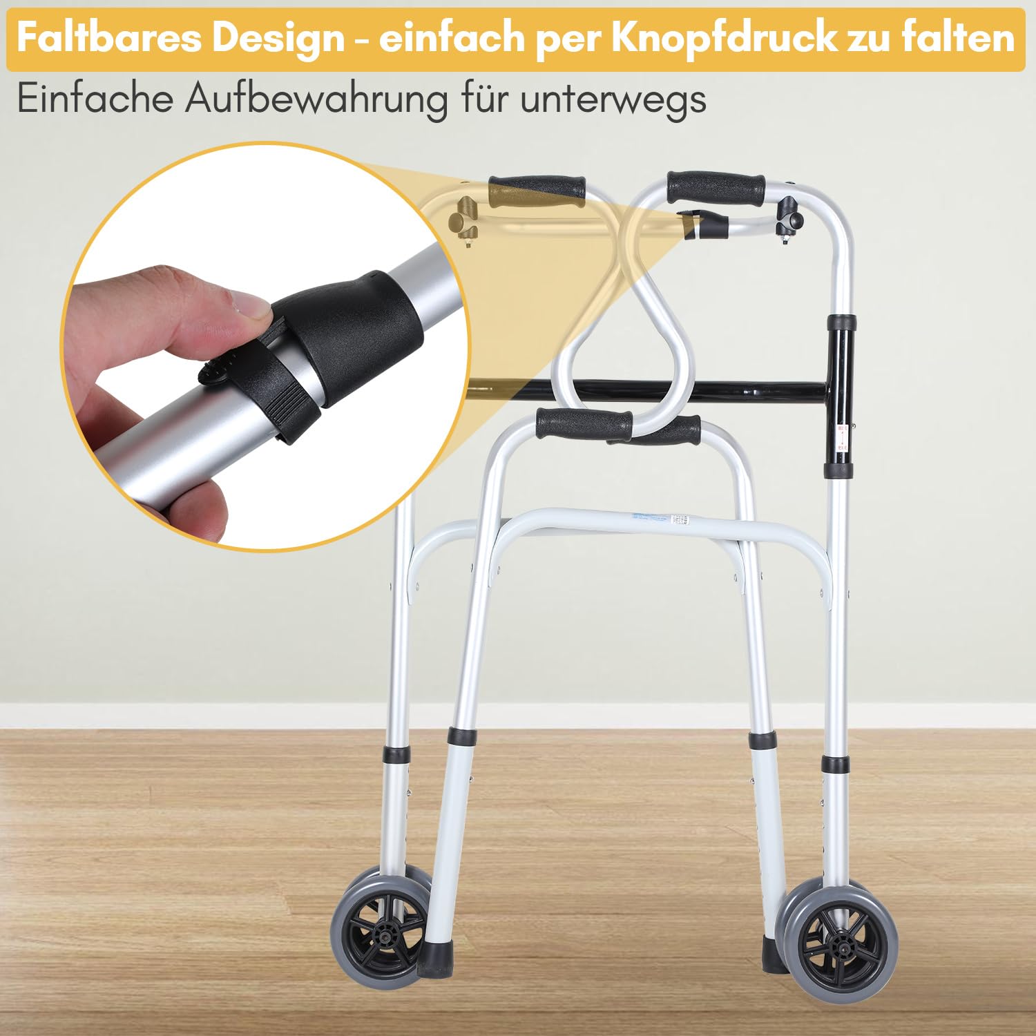 Andador plegable para personas mayores con ruedas dobles | Marco de aluminio para vivienda y rehabilitación, 180 kg, altura ajustable de 76 a 90 cm, doble función, cojín y bolsa