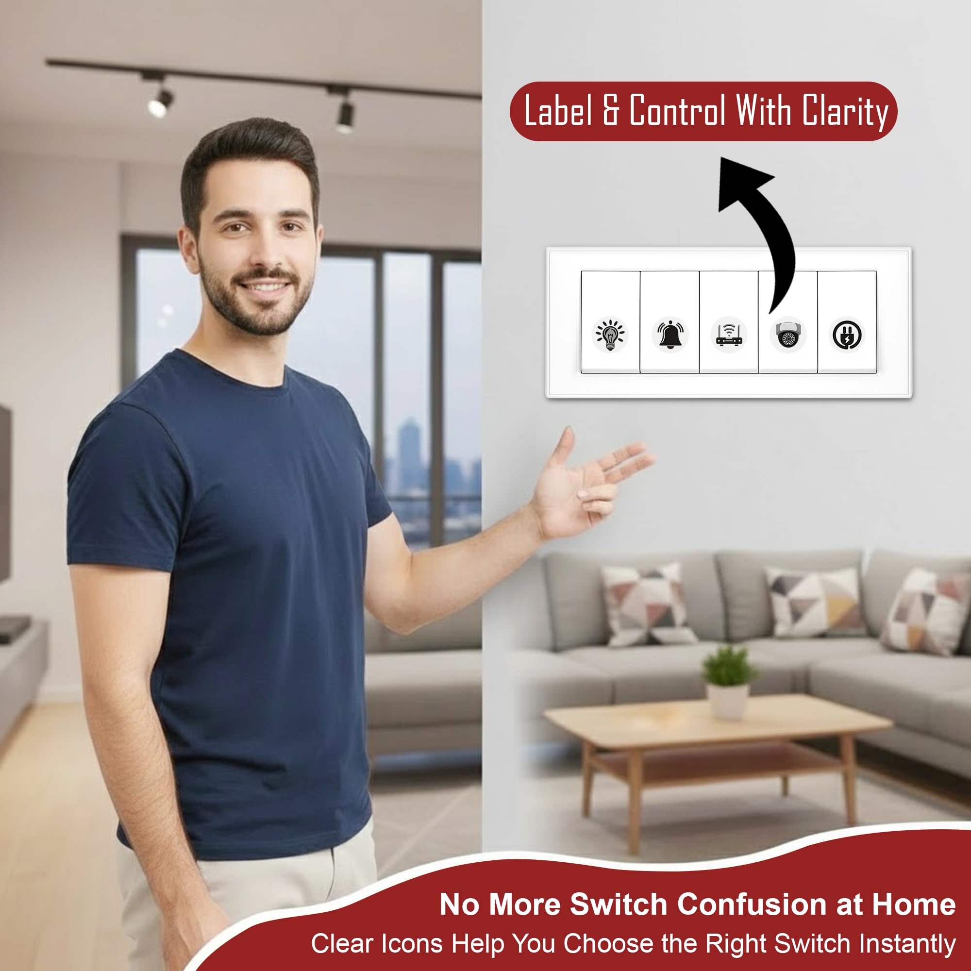 GLUN® 600 Switch Board Stickers 60+ Icons (Monochrome Black) | Luxury Vinyl Decorative Switch Stickers for Home, Hotel, Office & School | Self Adhesive, Waterproof & Removable — Amazon image 3