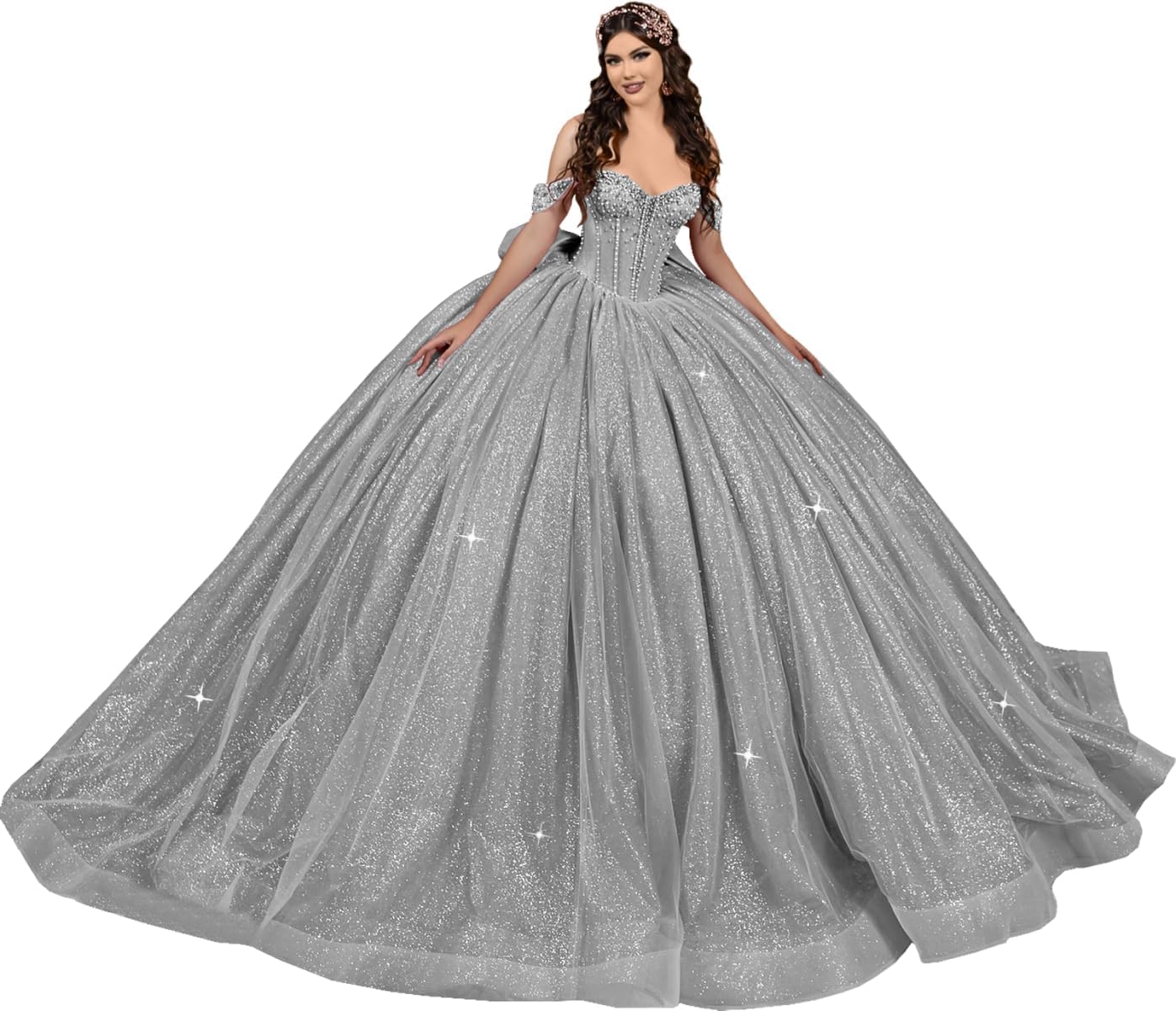 Fuomomo Glitter Quinceanera Dresses with Bow Puffy Beaded Off Shoulder Sweet 16 Dresses Elegant Ball Gown MT056 Silver