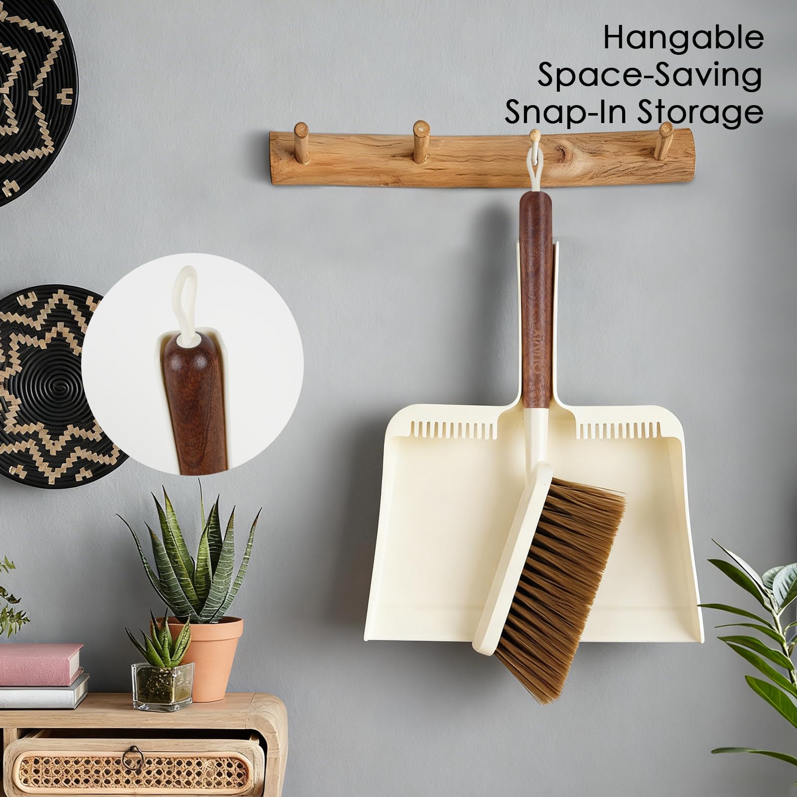 Juego de escoba de mano y recogedor, juego de recogedor pequeño portátil y cepillo con mango de madera de sapele, diseño de dientes, escoba compacta para colgar con recogedor para limpiar