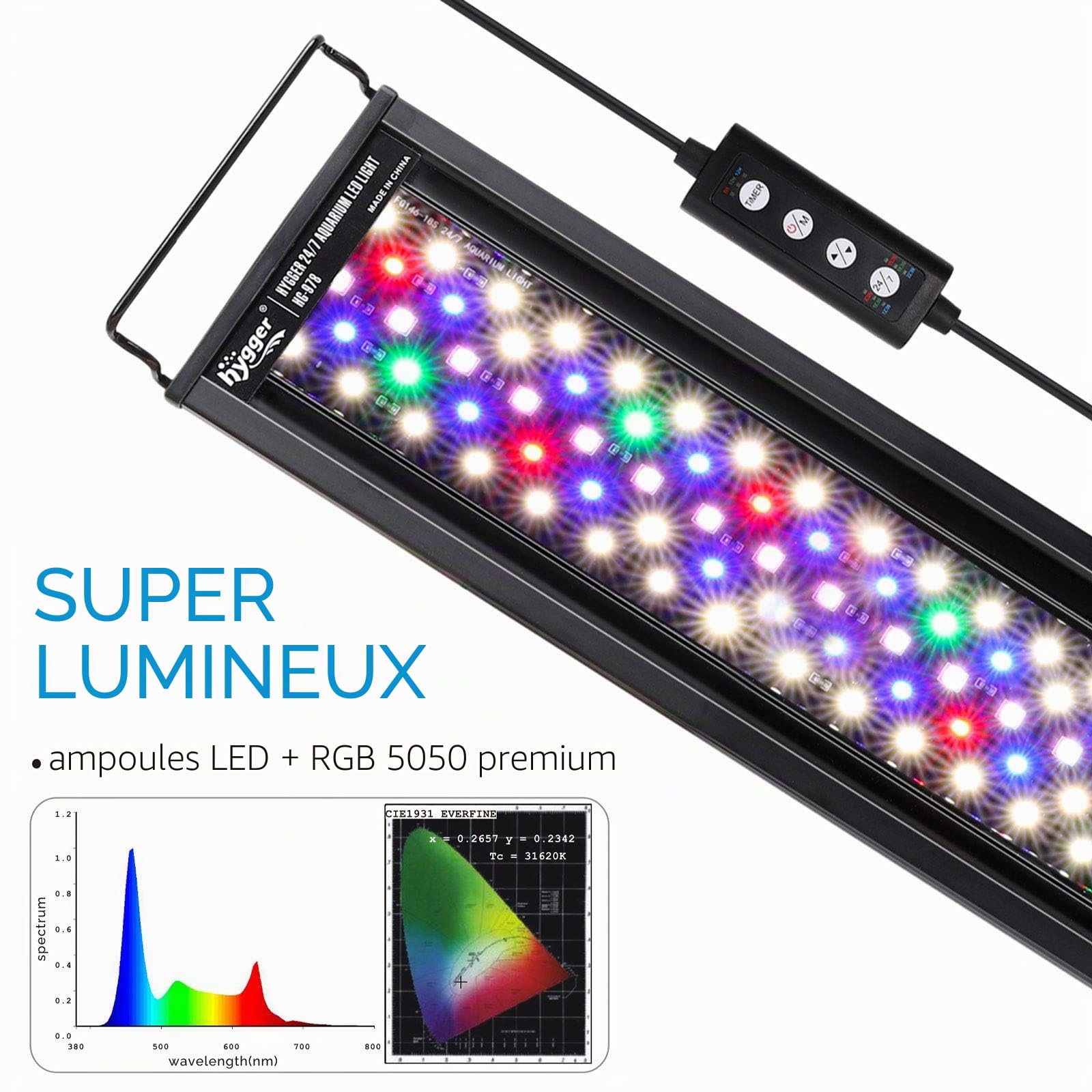 Hygger Aquarium Éclairage 24/7 Lampe Aquarium Led avec Minuterie Réglable,26W Rampe Led d’Aquarium Spectre Complet Rampe LED 7 Couleurs 3 Modes pour Aquariums Plantés