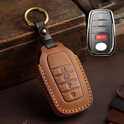 Miniatura 3 de Funda de cuero prémium para llavero de 4 botones para Toyota con llavero compatible con Toyota Tundra Venza Corolla 2021 2022 2023 2024 (marrón)
