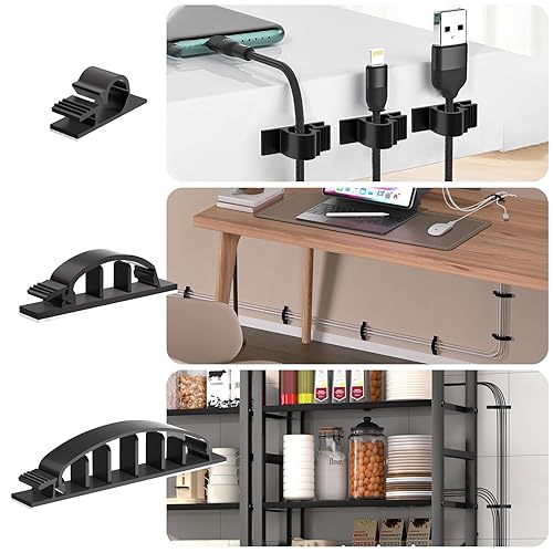 Miniatura 5 de XHF Juego de 30 clips adhesivos para cables negros, organizador de cables para exteriores, organizador de cables para debajo del escritorio,