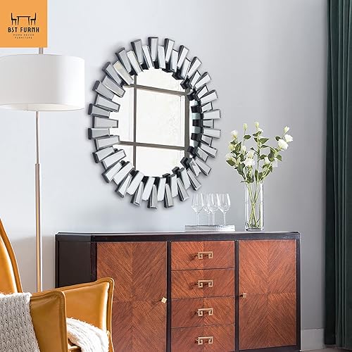 Miniatura 3 de BST FURNH Espejo Redondo de Pared Decorativo de 24 Pulgadas Espejo de Pared Decorativo con Marco Irregular y Borde Biselado Espejos para Pared