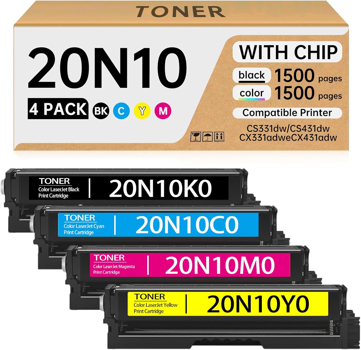 20N10 Toner Cartridge 20N10K0 20N10C0 20N10M0 20N10Y0 (with Chip) Compatible with Lexmark CS331dw CS431dw CX331adwe CX431adw Printers - 20N10 Toner (4 Pack, 1,500 Pages per Color)