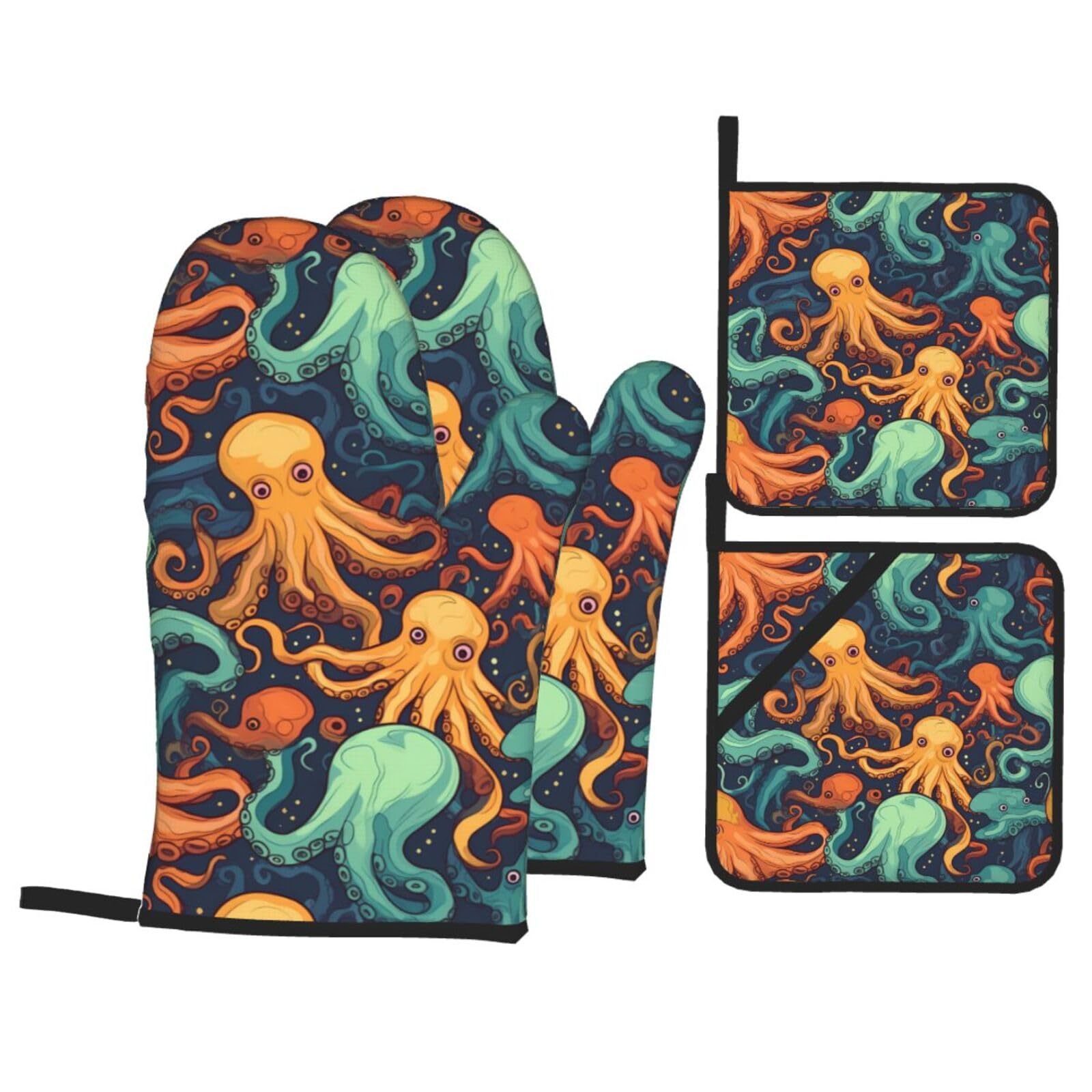 HJFCZH Color Octopus Picture Kitchen Baking Set of 4 Thick Insulated Oven Mitt & Pot Holders, Anti-Scalding for Microwave, Oven, Outdoor BBQ