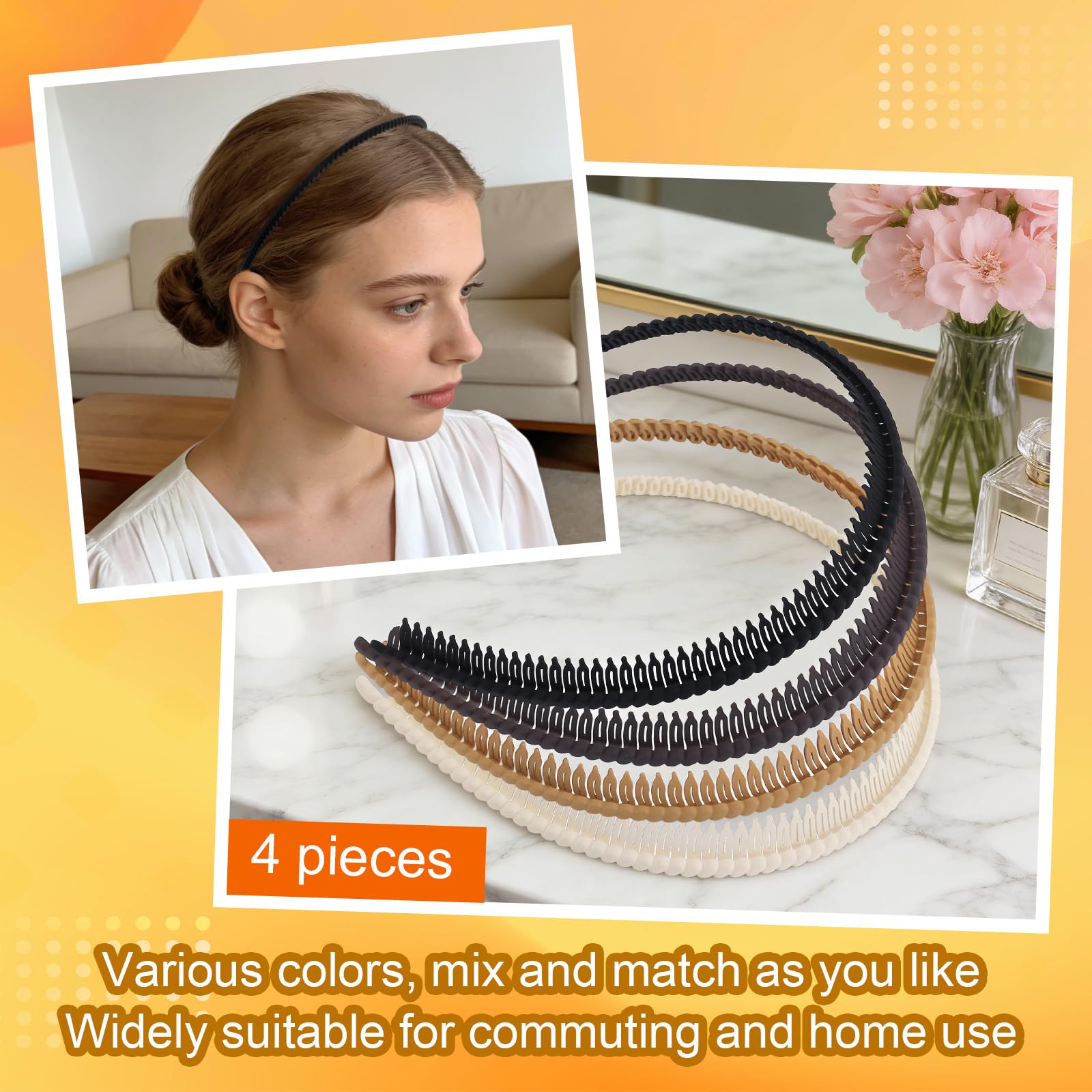 4pcs Non-Slip Headband with Teeth, Resin Plastic Head Band Comfortable Tooth Comb Hairbands Fashion Hair Accessories for Women Home Work Commuting & Daily Wear (4 Colors) - 3