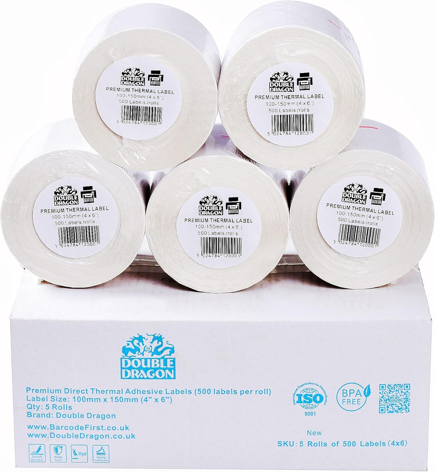 Double Dragon Etichette Termiche Premium, 5 Rotoli da 100MM x 150MM (6" x 4") Etichette Bianche Semplici