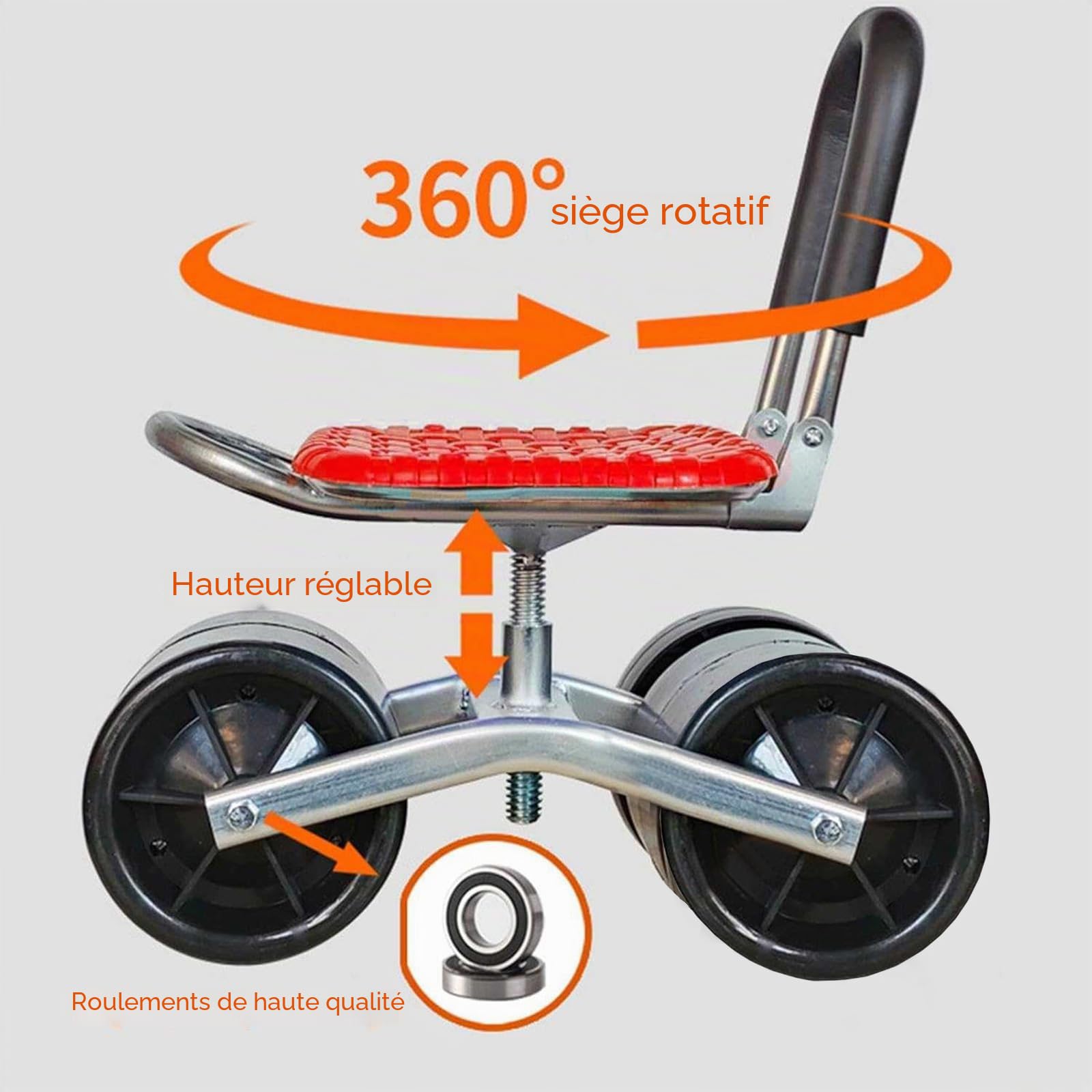 Tabouret de jardin sur roulettes - Charge maximale : 130 kg - Siège de jardin rotatif à 360 ° - Larges pneus en caoutchouc - Pour le jardinage, l'atelier
