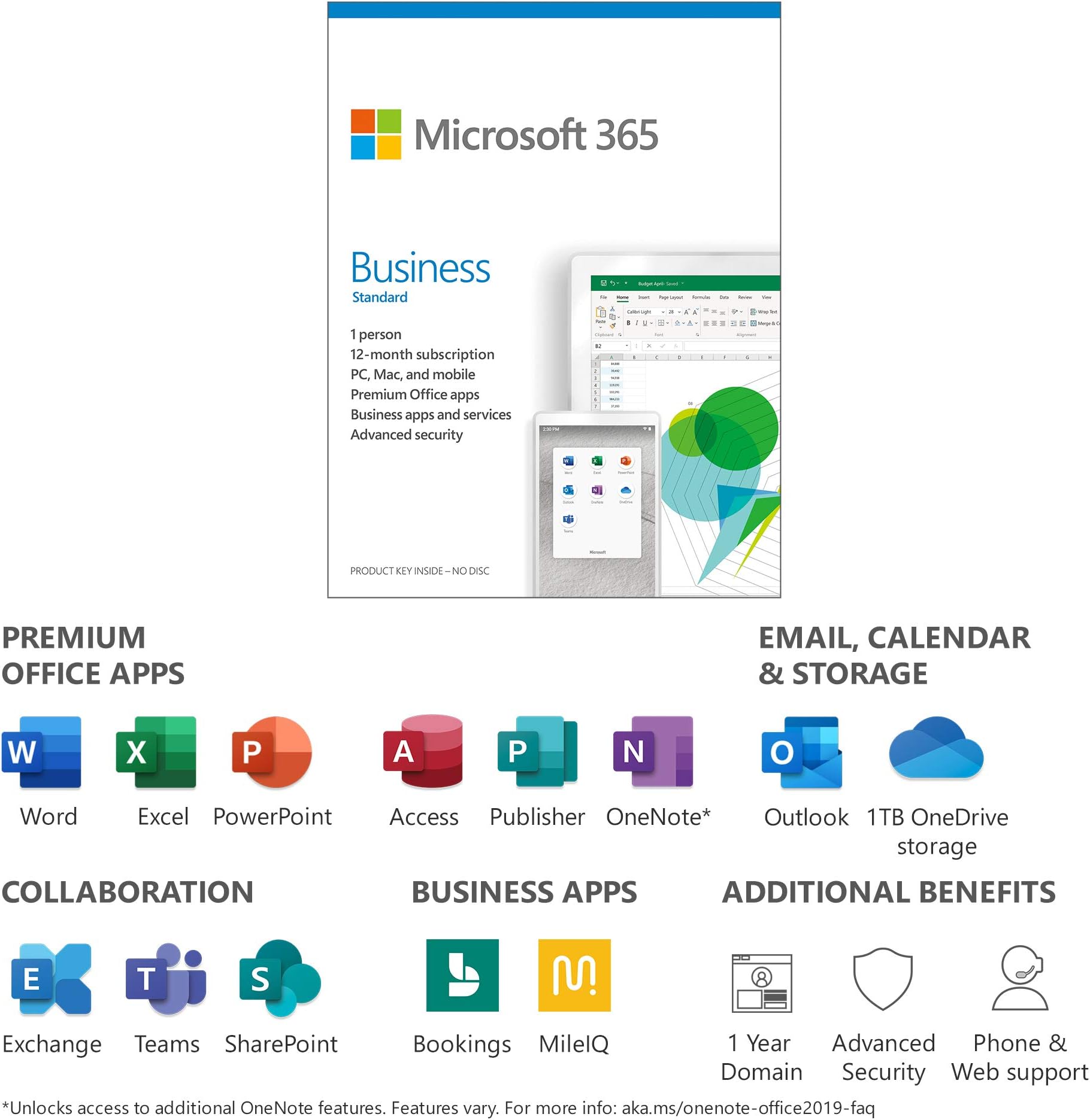 Microsoft 365 Business Standard | Office 365 apps | 1 user | up to 5 PCs/Macs, 5 tablets and 5 phones | 1 year subscription | multilingual | box