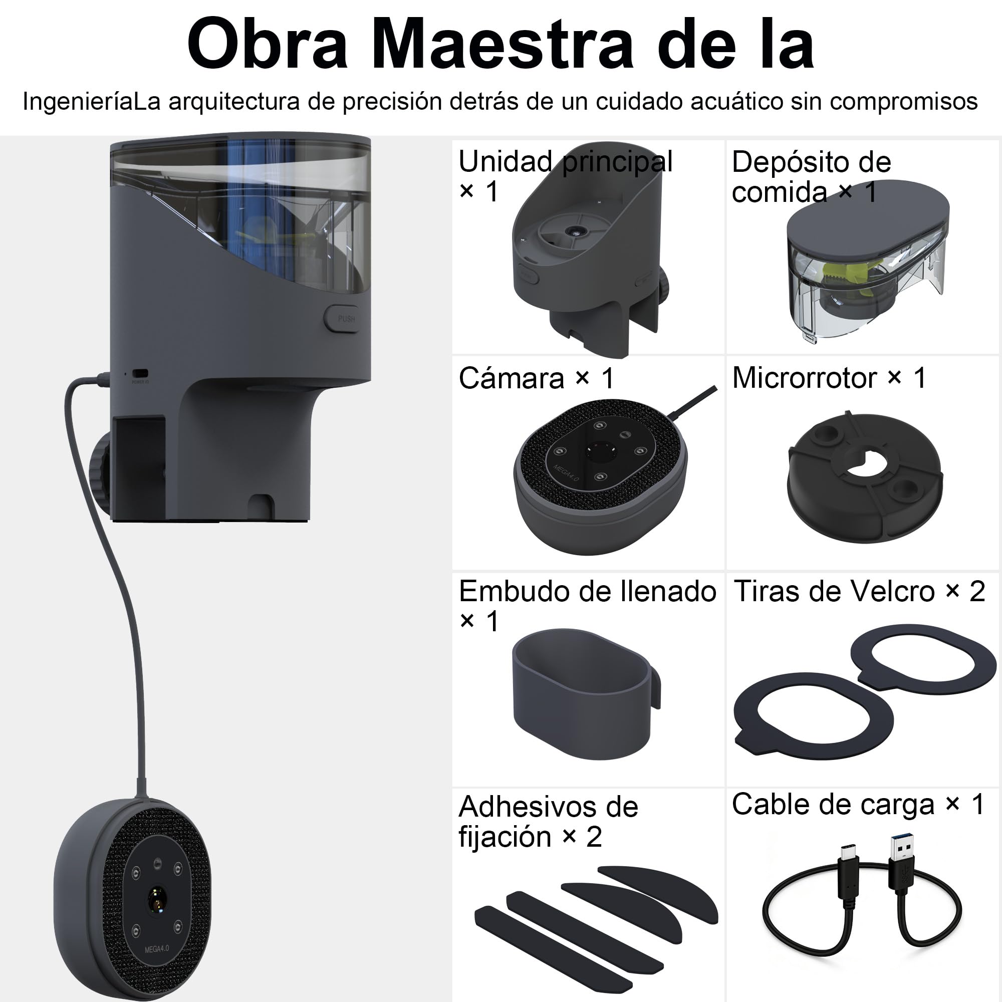 Alimentador Automático Peces WiFi con Cámara 2.5K HD Visión Nocturna, Dispensador Inteligente App, 0.2g/0.6g para Acuario, Anti-Humedad, Plan de Alimentación Personalizable (Gris Oscuro)