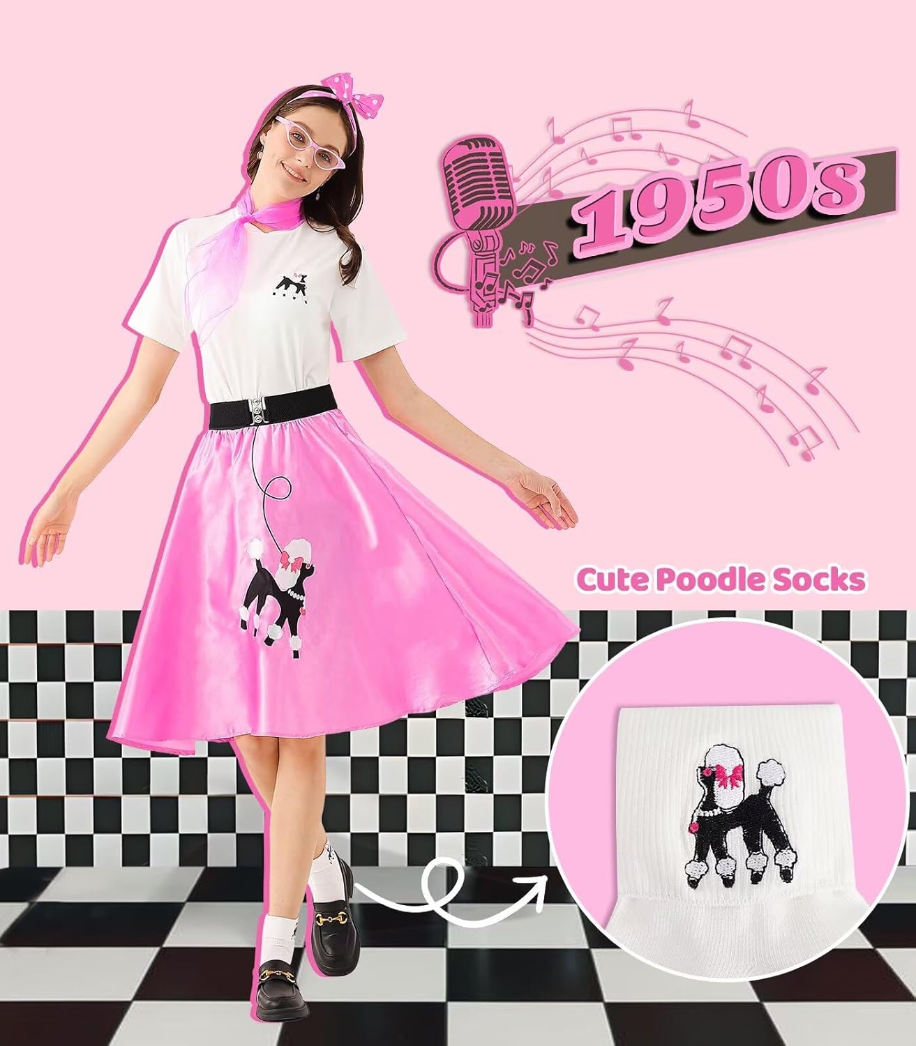 10Pcs Sock Hop Outfits Women, 1950s Poodle Skirts, T-Shirt with 50s Accessories Socks Scarf Headband Belt Earring - Image 4