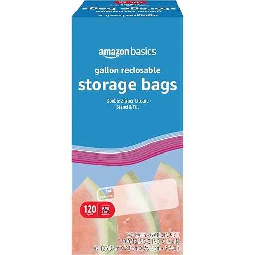 Amazon Basics Reclosable Gallon Food Storage Bags with Double Zipper Seal, Stand and Fill Base, BPA Free, 120 Count