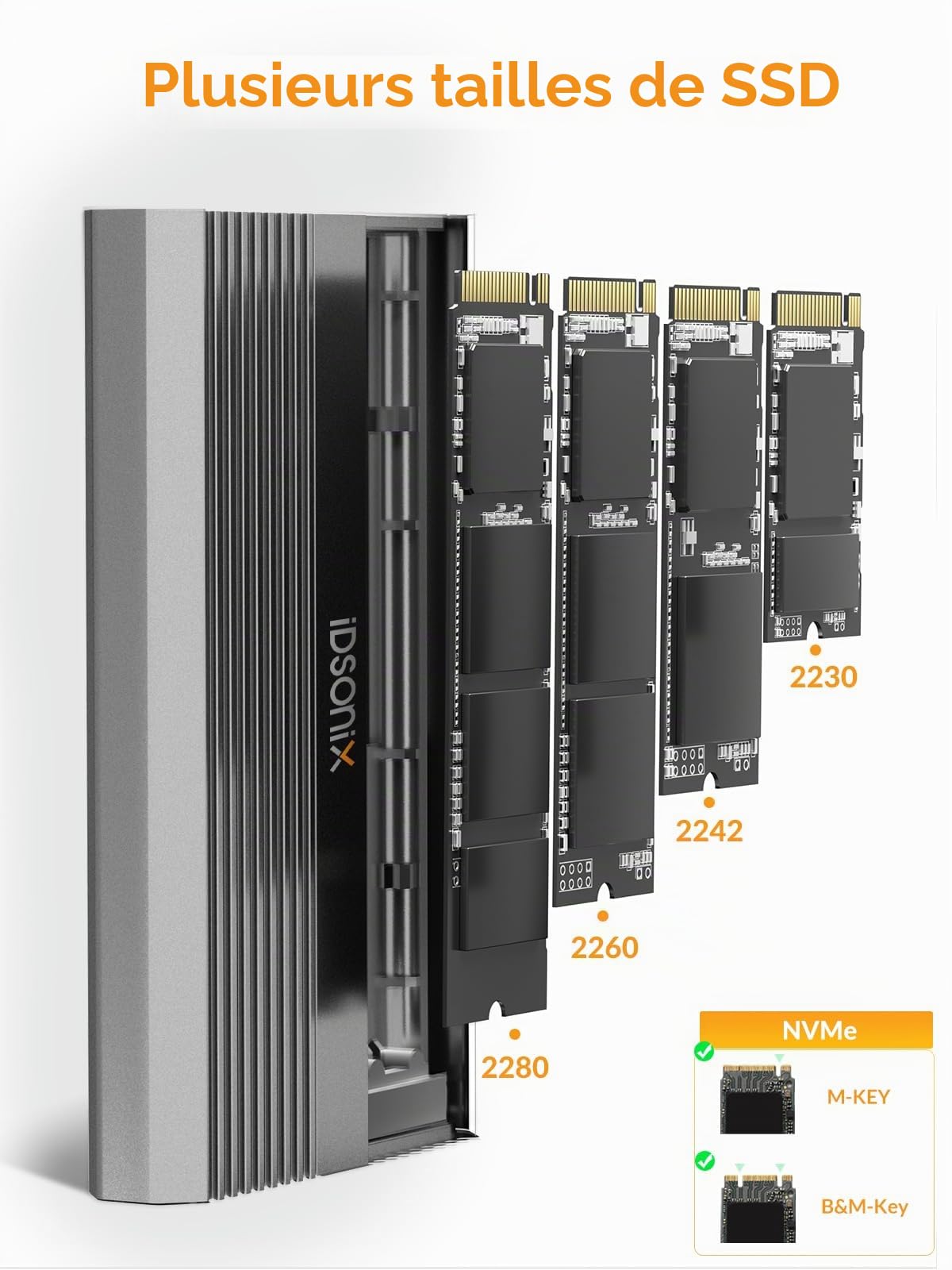 iDsonix Boitier SSD NVMe Double Baie USB C 3.2 Gen 2 10Gbps Adaptateur SSD M.2 Compatible avec M/B+M Key 2230/2242/2260/2280 SSDs, Tool-Free, 2x4TB