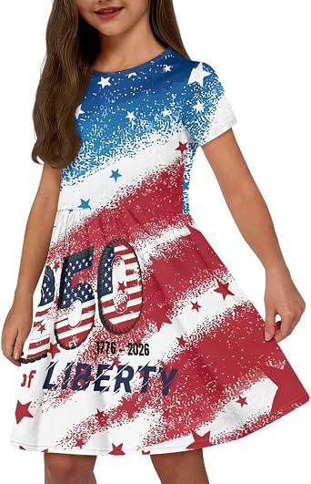 Uourmeti Casual Dress for Kids 2-3 Girls Summer Dresses Short Sleeve Midi Dress