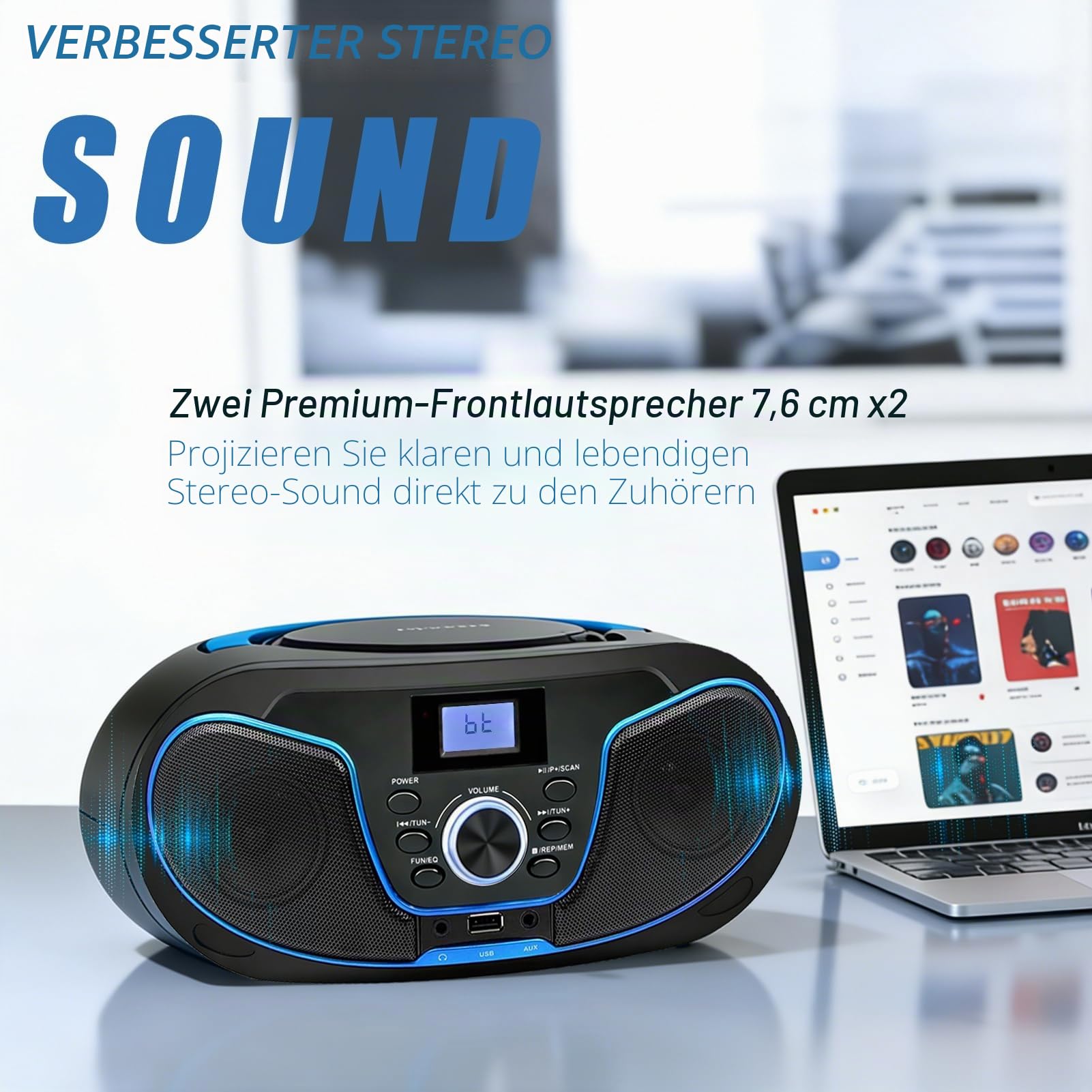 Tragbar CD Player Boombox Bluetooth - mit UKW Radio, USB Eingang & AUX & Kopfhörern Ports, Stereoanlage Music System (LP-D02)