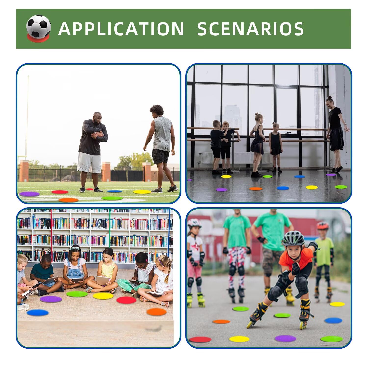 Marqueurs de sol en caoutchouc antidérapant de 12,9 cm - Cônes plats en polyéthylène pour salle de classe, danse, sport, football, basket-ball, vitesse et agilité (6 couleurs)