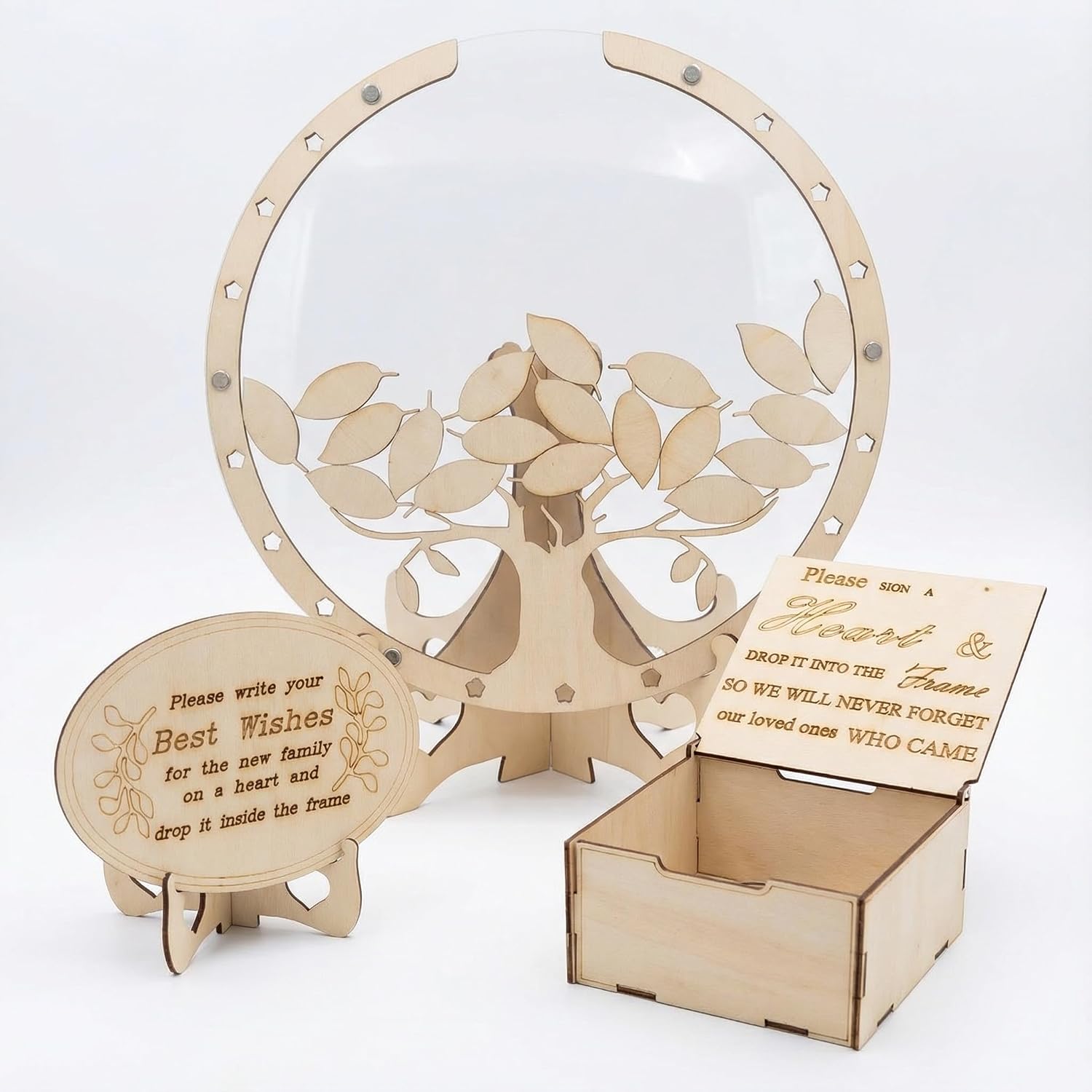 Personalized Wedding Guest Book Alternative - Hearts for Signing | Large Keepsake Shadow Box Frame for Wedding, Wooden Box with Hearts - 60,90,120pcs, Anniversary | Cherry Blossom,Leaf& Heart