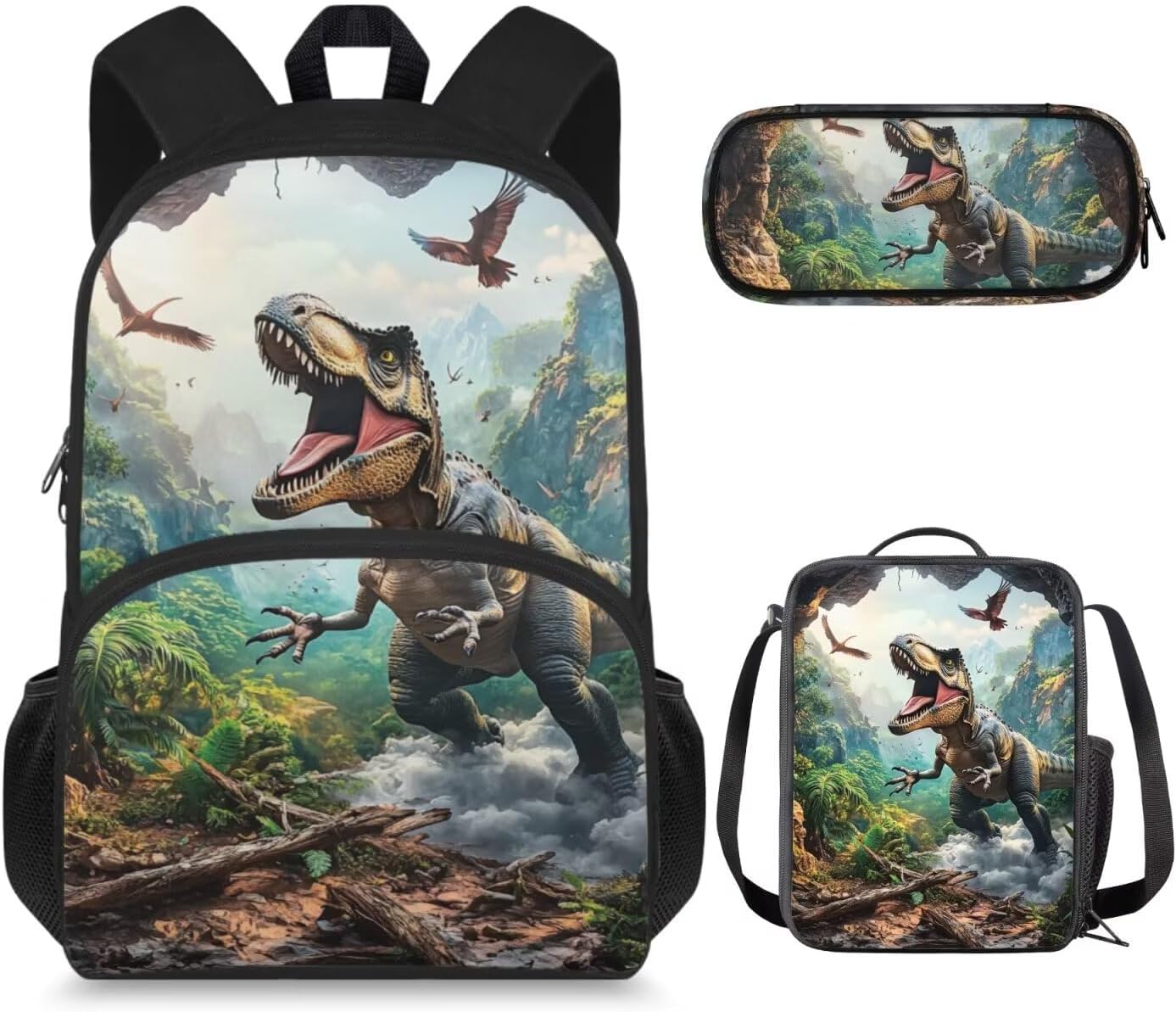COEQINE Dinosaur Backpack for Toddler Boys with Lunch Box Cool Boys Middle School School Bag Set 3 Piece Bookbag for Boys with Pencil Box Large Capacity Back Pack Outdoor Camping Rucksack