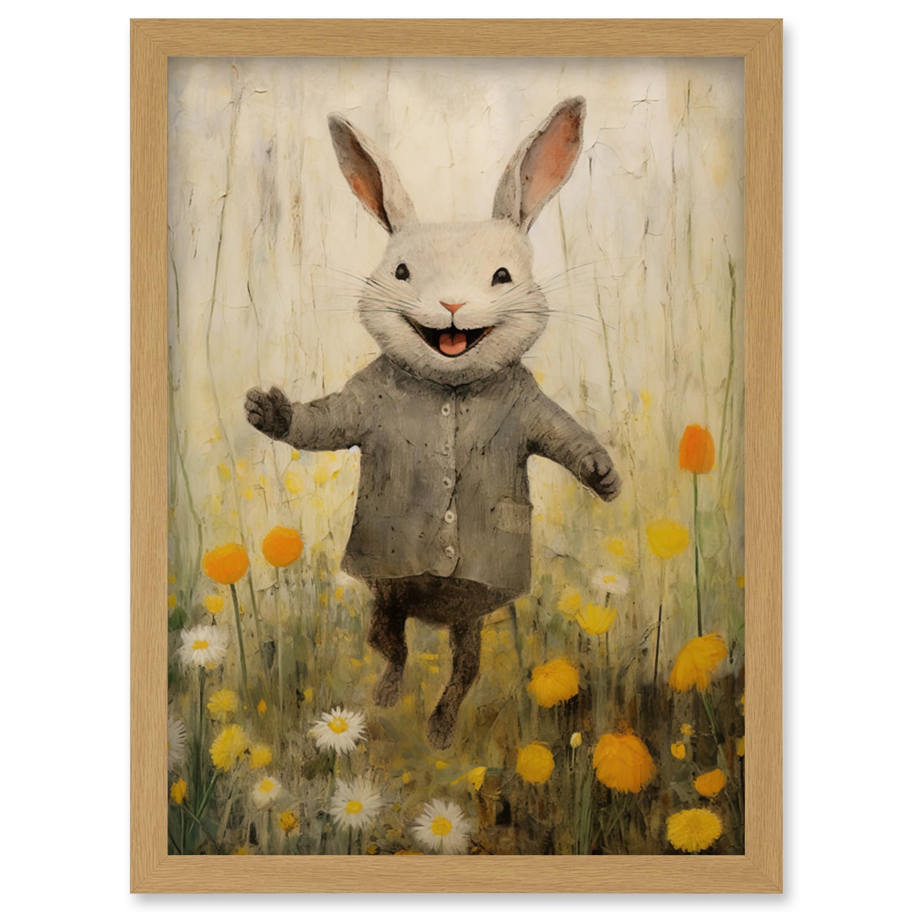 Artery8 Raincoat Rabbit Happy Bunny Flower Meadow Kids Girls Bedroom Nursery Artwork Framed Wall Art Print A4