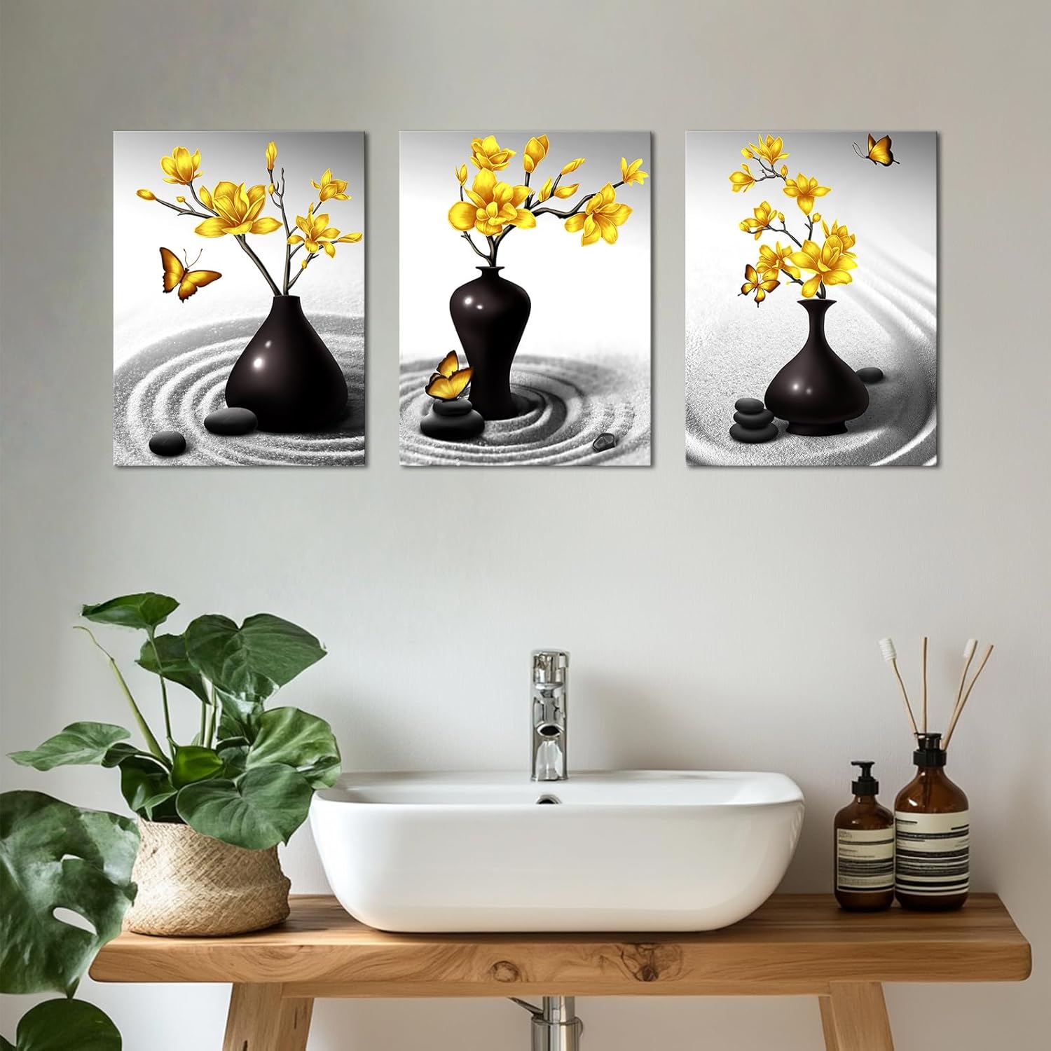 Zlove Bathroom Wall Art Zen Meditation Stone Wall Decor Yellow Flower Butterfly Picture Print for Spa Message Yoga Room, 12"X16", 3Pcs