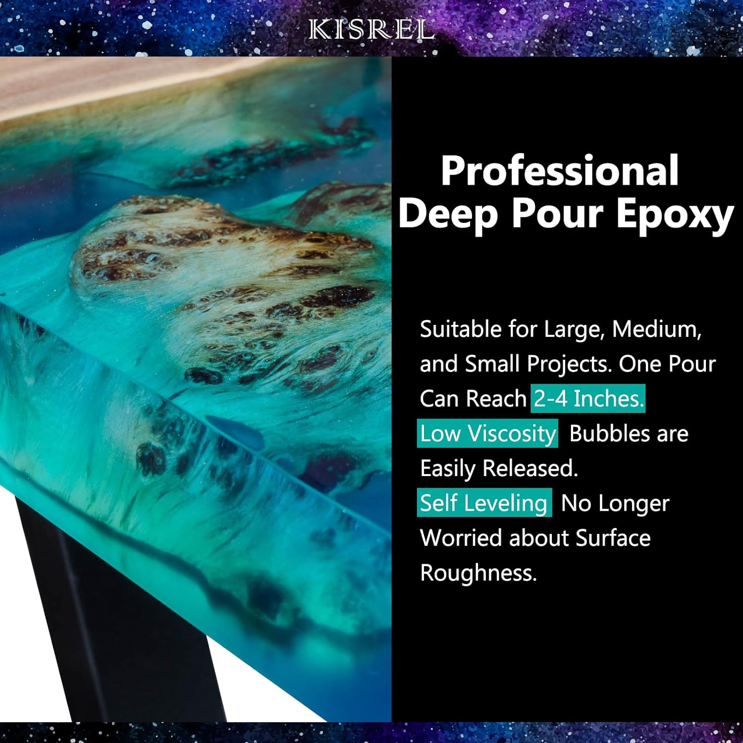 KISREL Deep Pour Epoxy Resin, 3 Gallon Resin Epoxy Kit (2:1) for 2-4 Inch Pour Depths，Bubble Free, Low Odour, Crystal Clear Casting Resin for Table Tops, River Tables, Wood Fillers, Crafts - Image 3