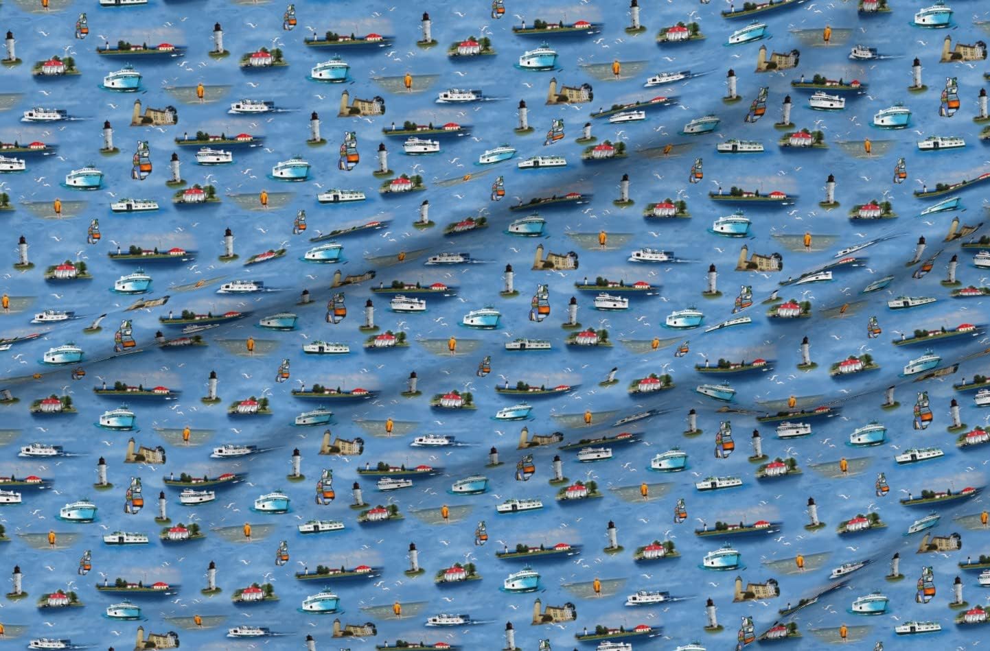 Spoonflower Fabric - Island Paradise Lighthouse Ocean Lake Nautical Blue Red White Fish Sea Printed on Minky Fabric by The Yard - Sewing Baby Blankets Quilt Backing Plush