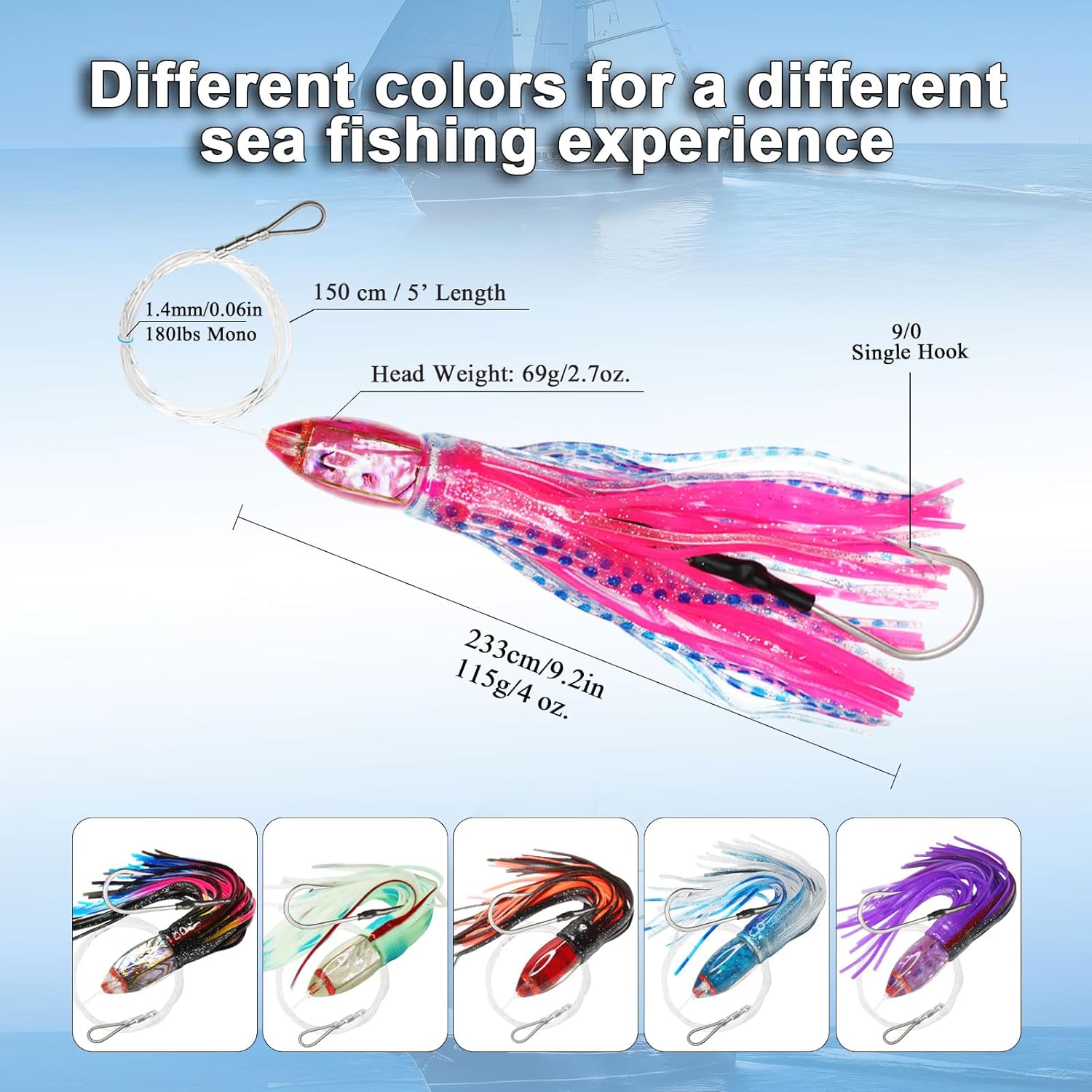 VIKETECH 9’’ 4oz Resin Saltwater Fishing Trolling Lure for Tuna Mahi Mahi Marlin Wahoo Sailfish Dolphin Lures Deep Sea Offshore Big Game Included Mesh Bag