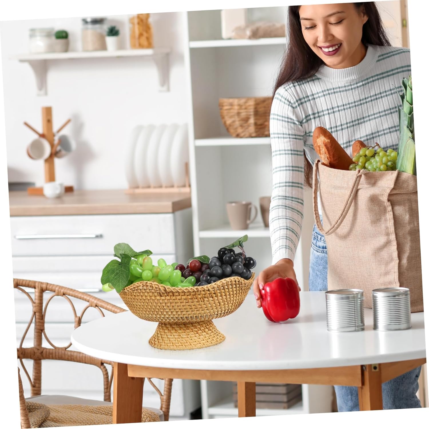 Unomor Woven Rattan Fruit Bowl Basket Decorative Storage Holder for Snacks Sundries Small Items Organizer for Office Kitchen Use