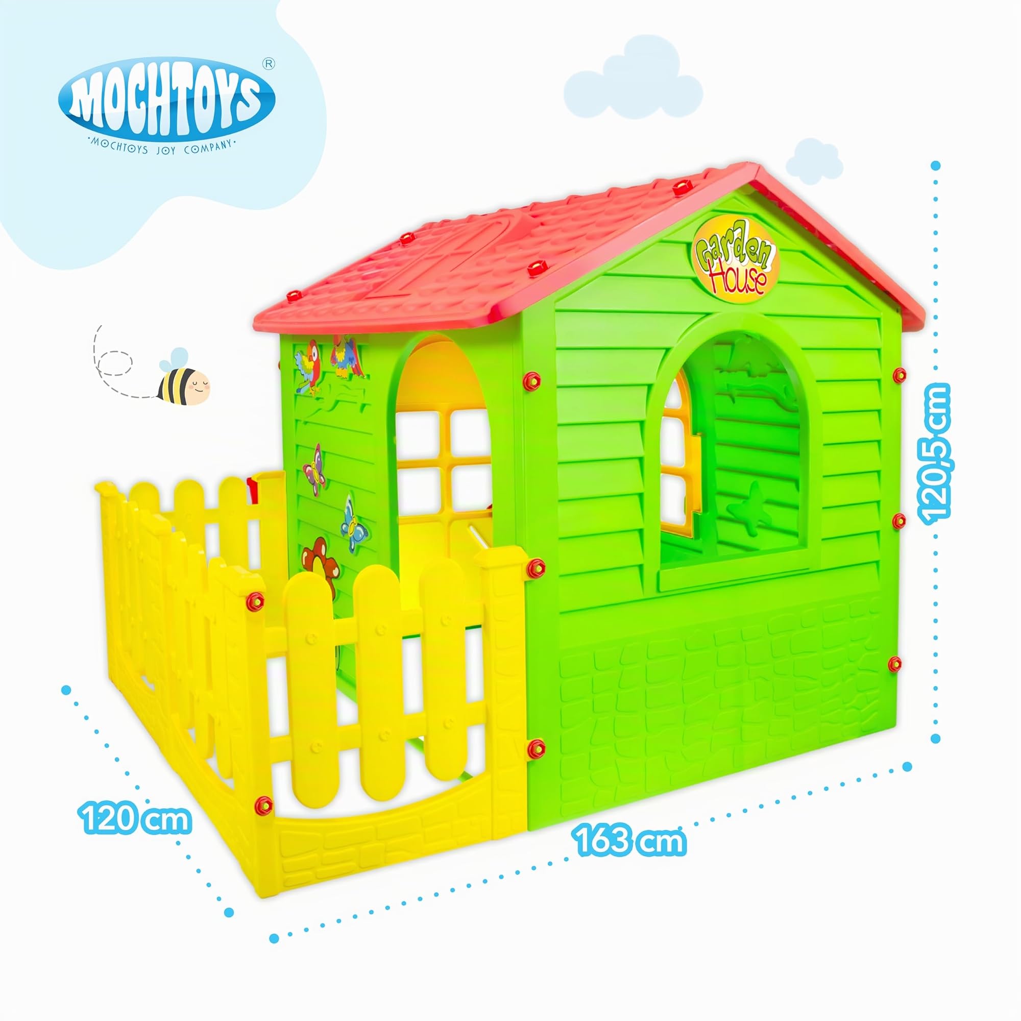 Mochtoys Spielhaus für Kinder - Kinderhaus mit Kleinem Garten, Outdoor Gartenhaus für die Jüngsten mit Terrasse und zu öffnenden Fenstern, Wetterfest, REGT Fantasie und Kreativität an