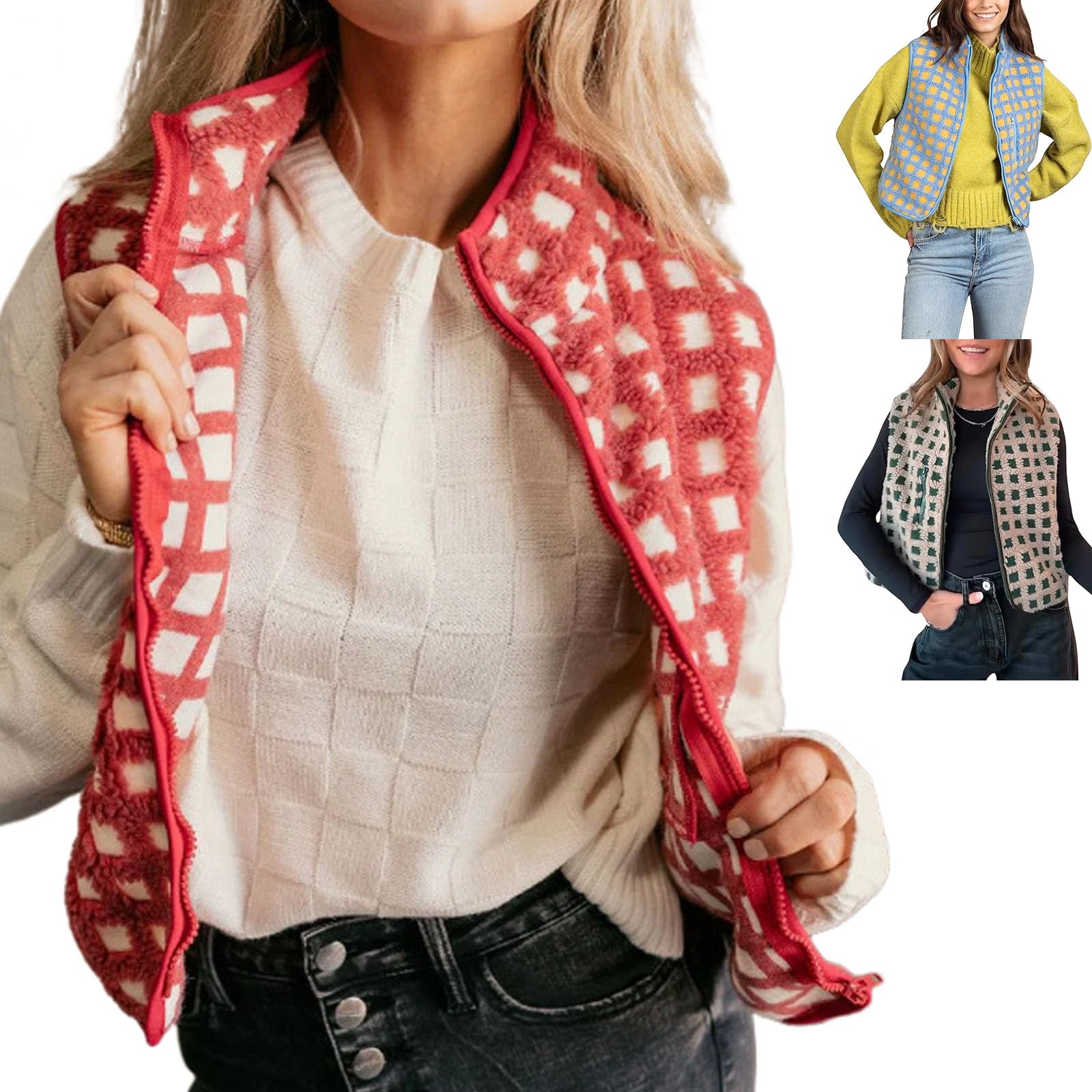 QingxingFa Red Checkered Vest, Women's Checkered Sherpa Vest Sleeveless Zip,Cardigan Warm Collared Outerwear Vests (red,L)