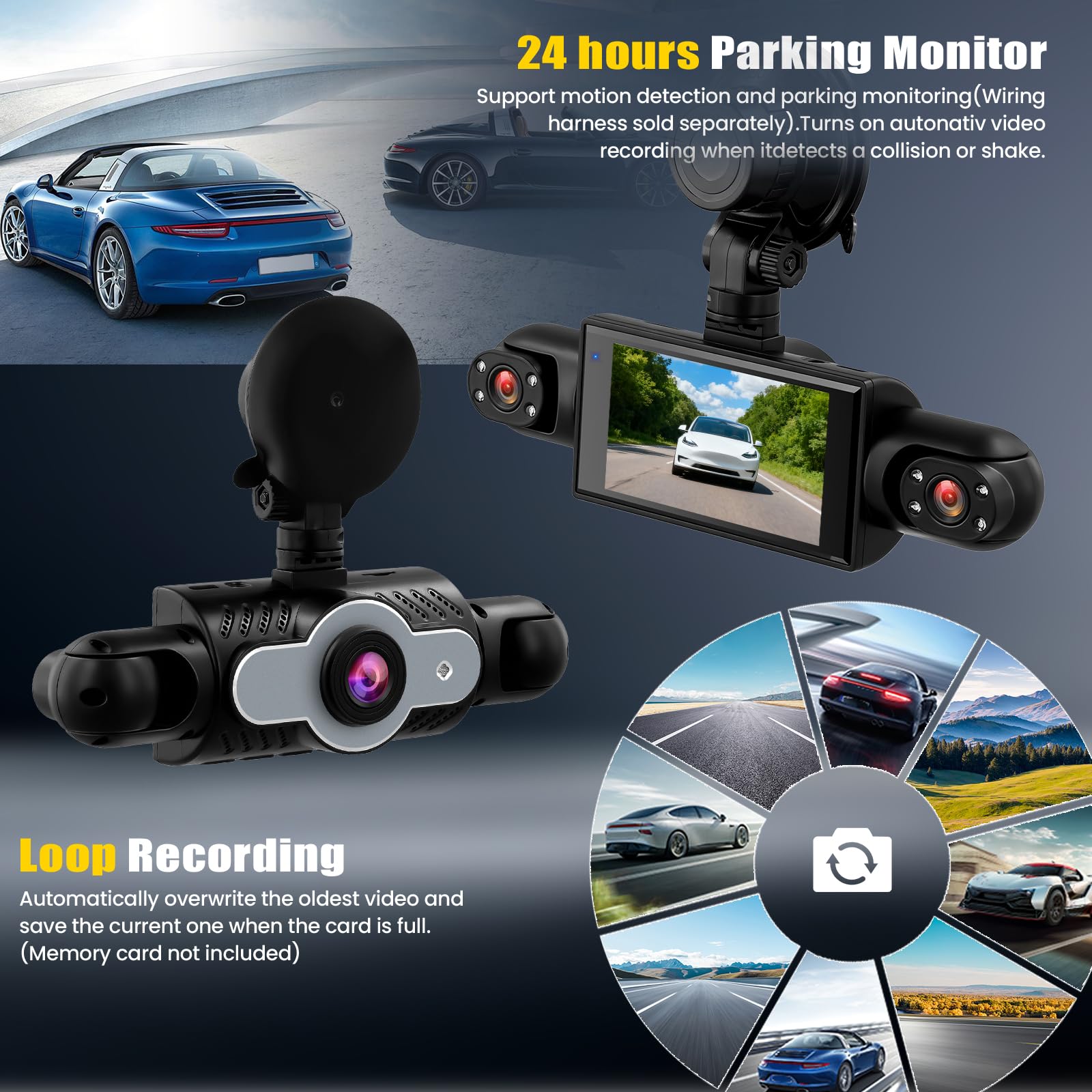 4 Canali 360° Dash Cam Auto, Telecamera per Auto da 3 Pollici 1080P con Visione Notturna, Video in Loop, 24H Parcheggio Monitor, Ausilio al parcheggio