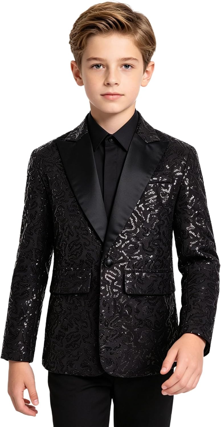 Hularka Kids Boys One Button Formal Dress Suit Jacket Blazer Shiny Sequins Wedding Party Banquet Prom Tuxedo